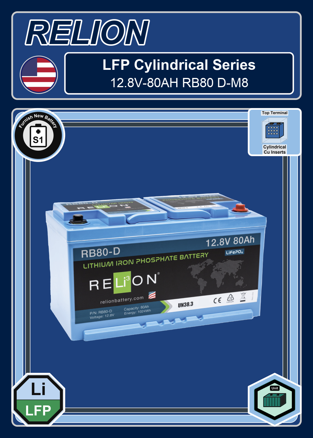 Furnish New Battery Relion LFP Cylindrical Series 12 8V 80AH RB80 D M8