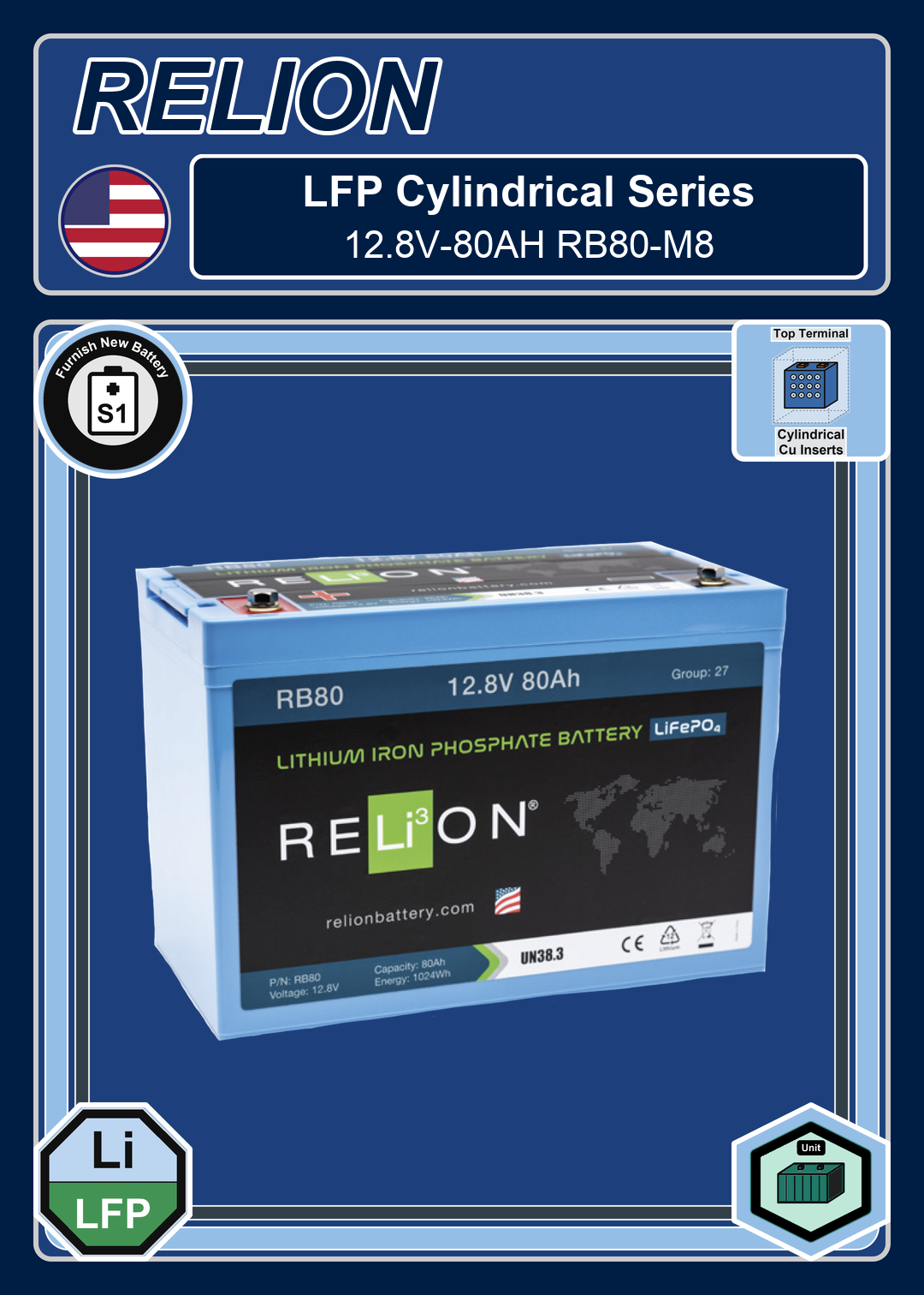 Furnish New Battery Relion LFP Cylindrical Series 12 8V 80AH RB80 M8