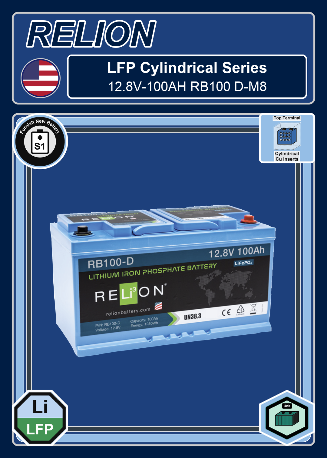 Furnish New Battery Relion LFP Cylindrical Series 12 8V 100AH RB100 D M8