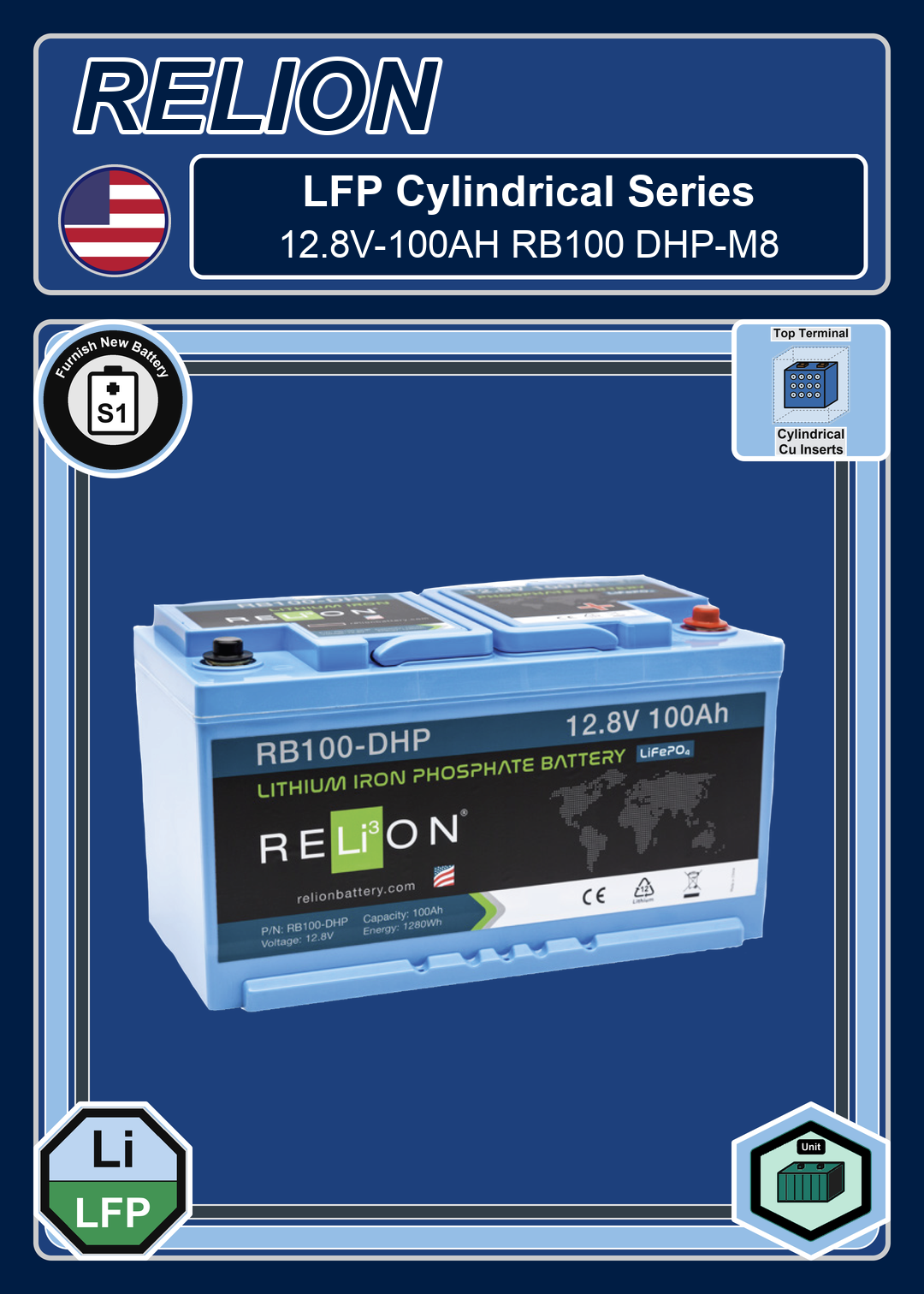 Furnish New Battery Relion LFP Cylindrical Series 12 8V 100AH RB100 DHP M8