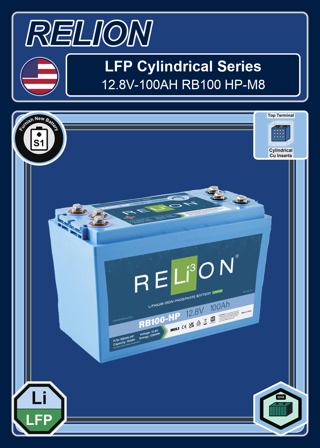 Furnish New Battery Relion LFP Cylindrical Series 12 8V 100AH RB100 HP M8