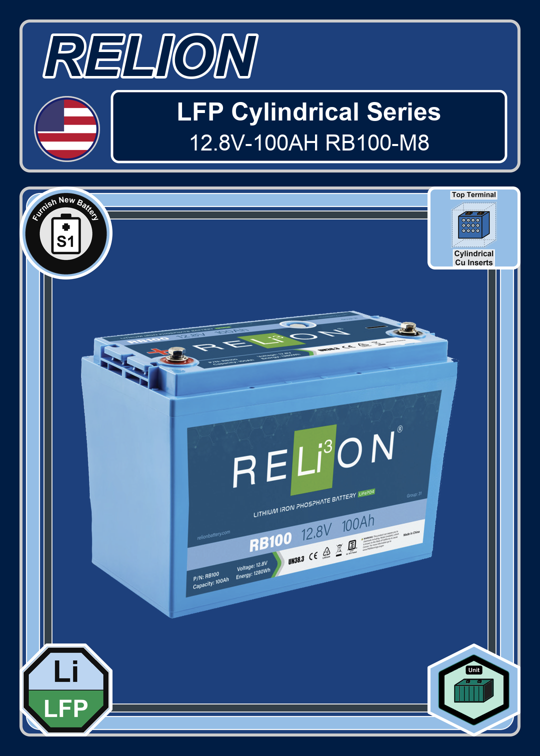 Furnish New Battery Relion LFP Cylindrical Series 12 8V 100AH RB100 M8