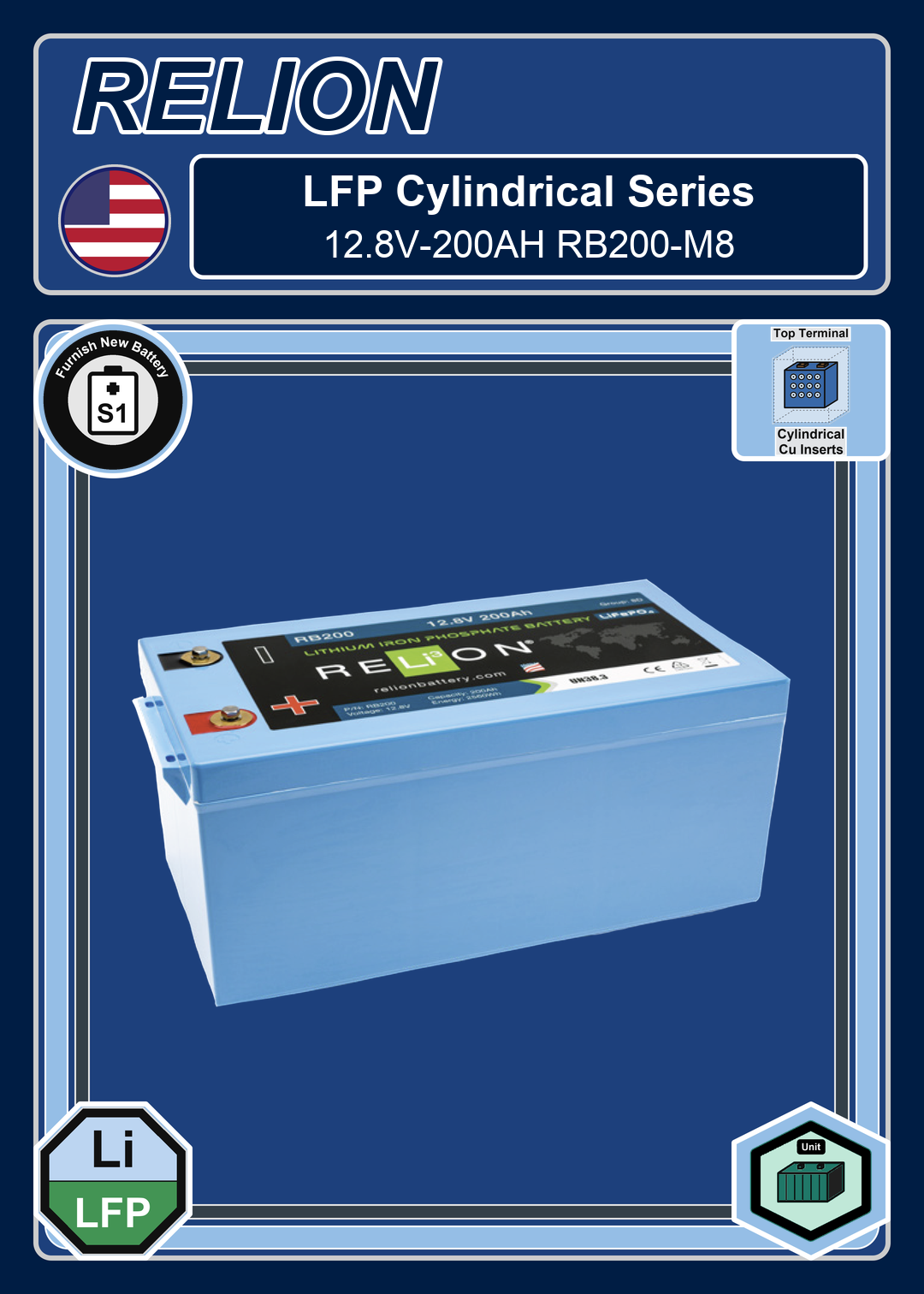 Furnish New Battery Relion LFP Cylindrical Series 12 8V 200AH RB200 M8