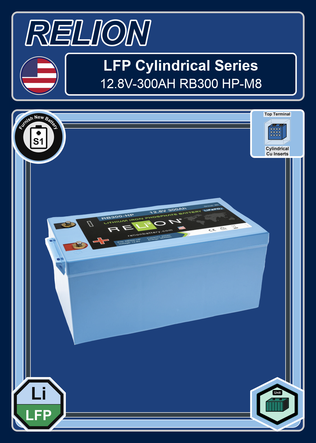 Furnish New Battery Relion LFP Cylindrical Series 12 8V 300AH RB300 HP M8