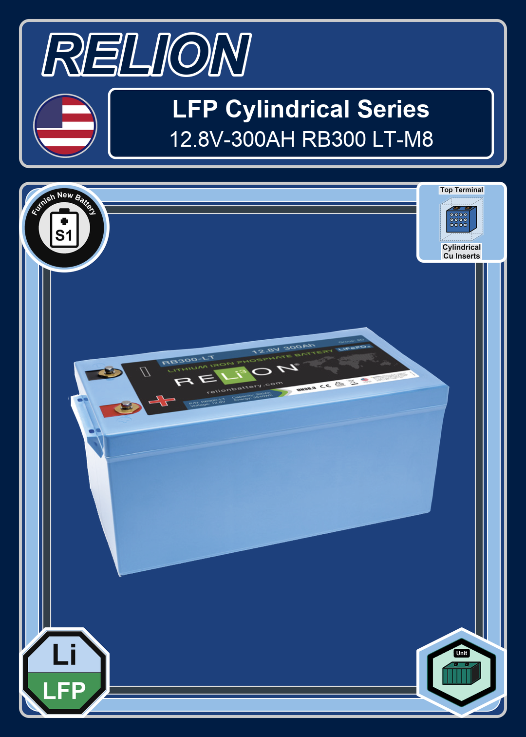 Furnish New Battery Relion LFP Cylindrical Series 12 8V 300AH RB300 LT M8