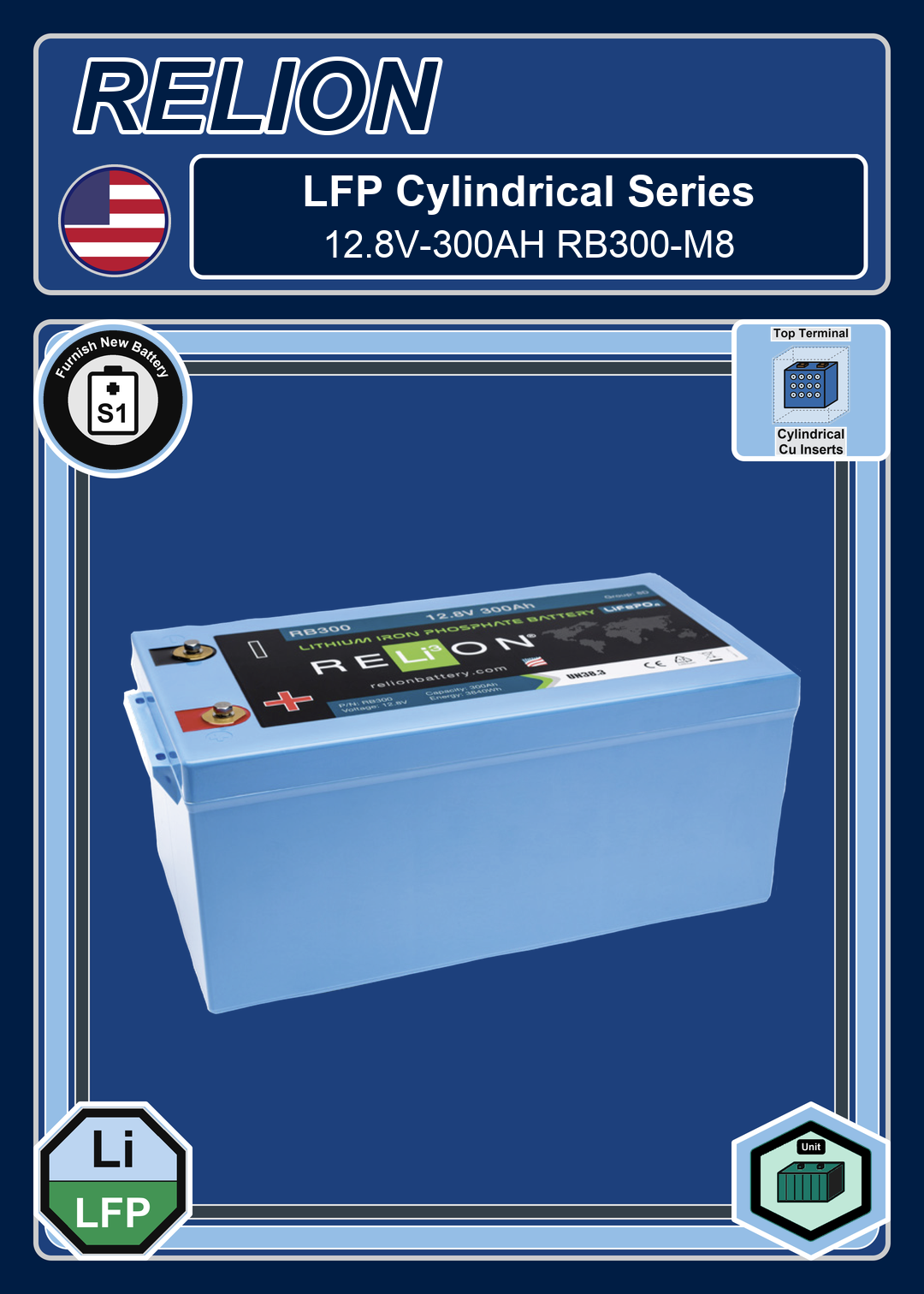 Furnish New Battery Relion LFP Cylindrical Series 12 8V 300AH RB300 M8