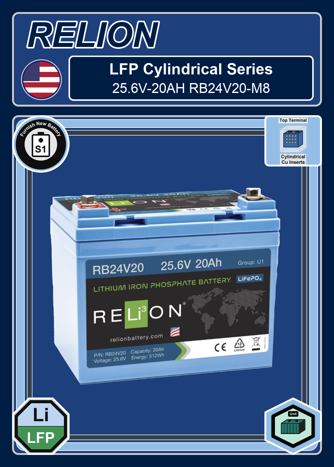 Furnish New Battery Relion LFP Cylindrical Series 25 6V 20AH RB24V20 M8