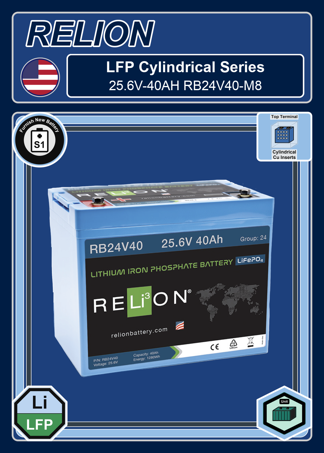Furnish New Battery Relion LFP Cylindrical Series 25 6V 40AH RB24V40 M8
