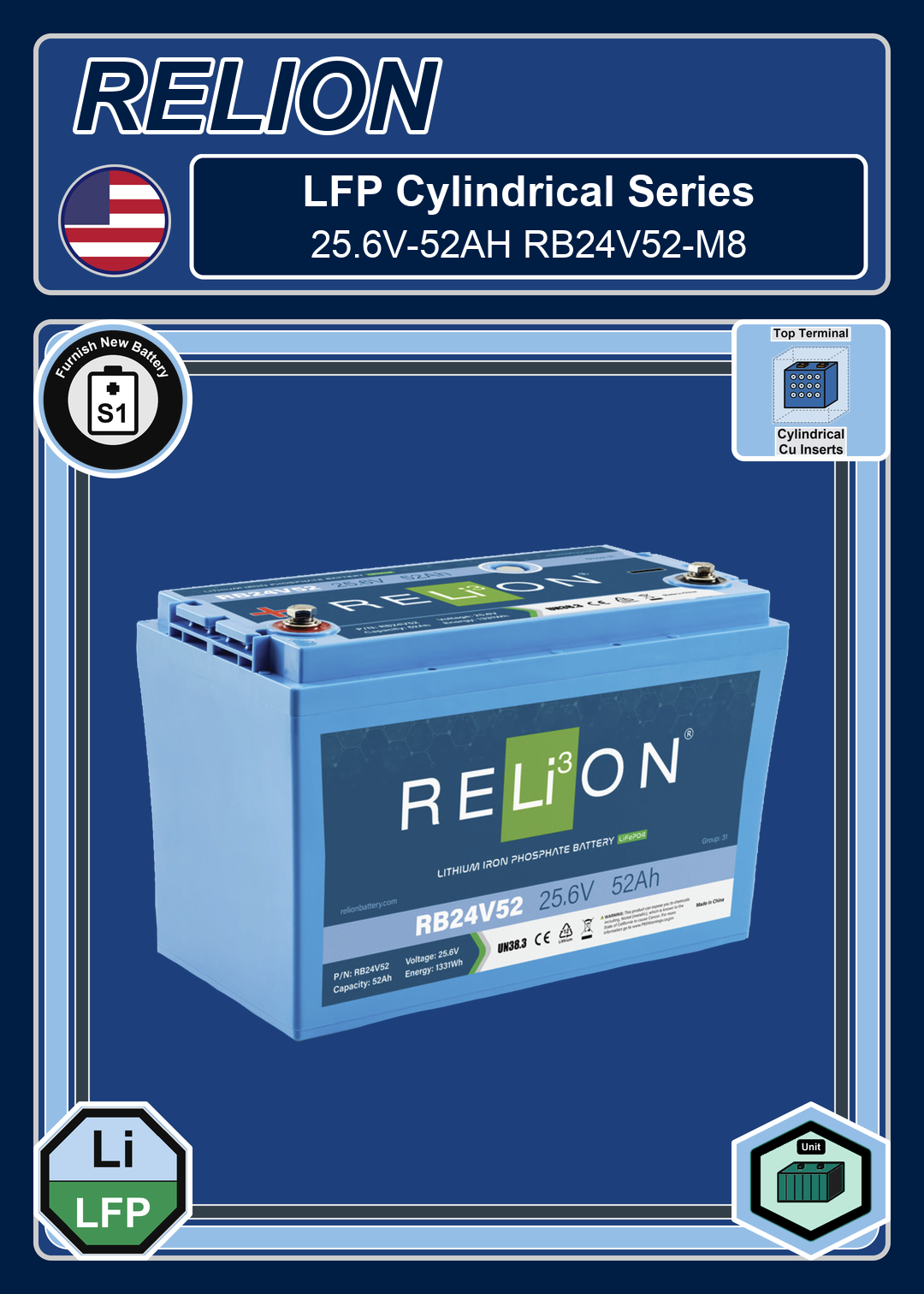 Furnish New Battery Relion LFP Cylindrical Series 25 6V 52AH RB24V52 M8