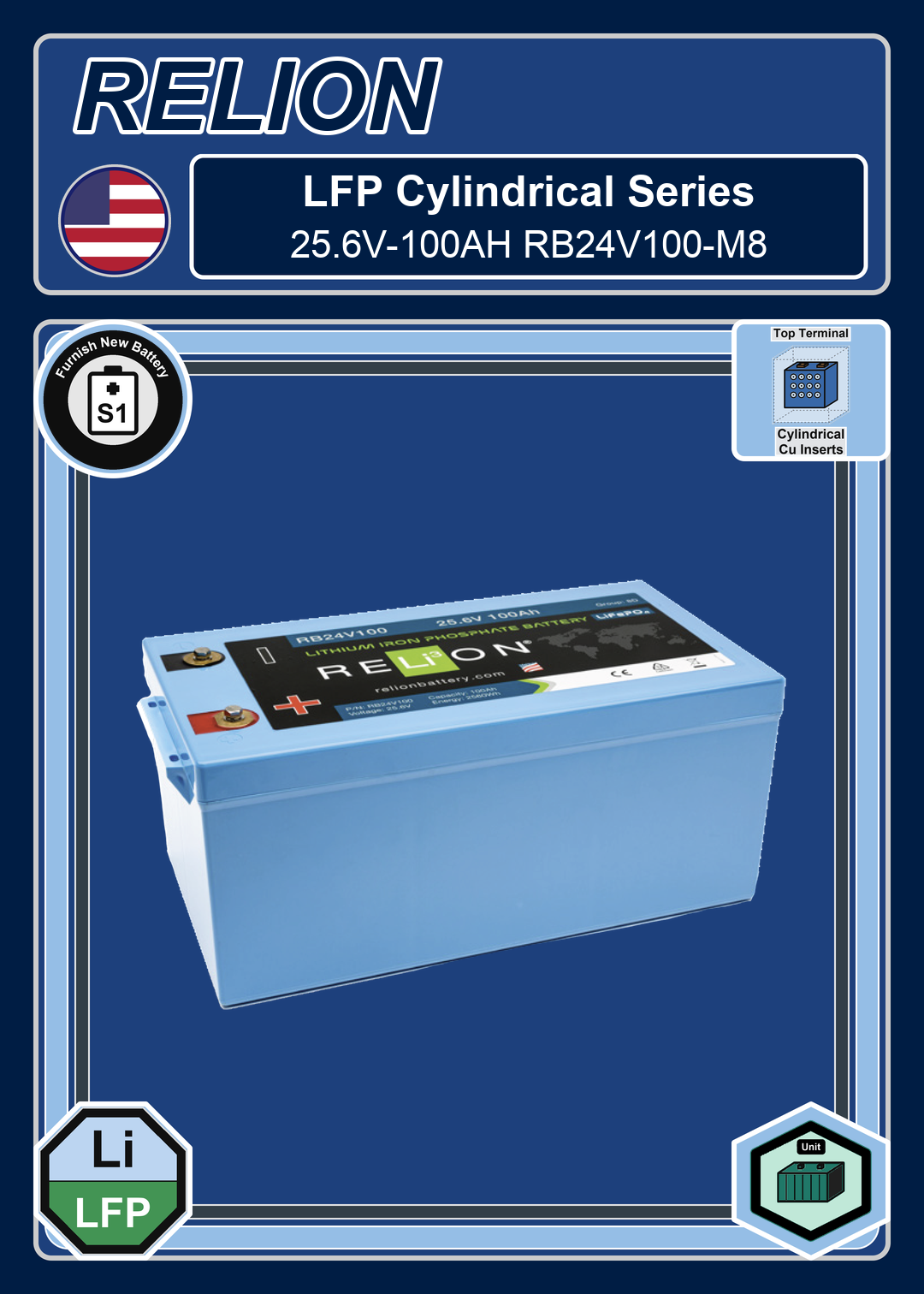 Furnish New Battery Relion LFP Cylindrical Series 25 6V 100AH RB24V100 M8