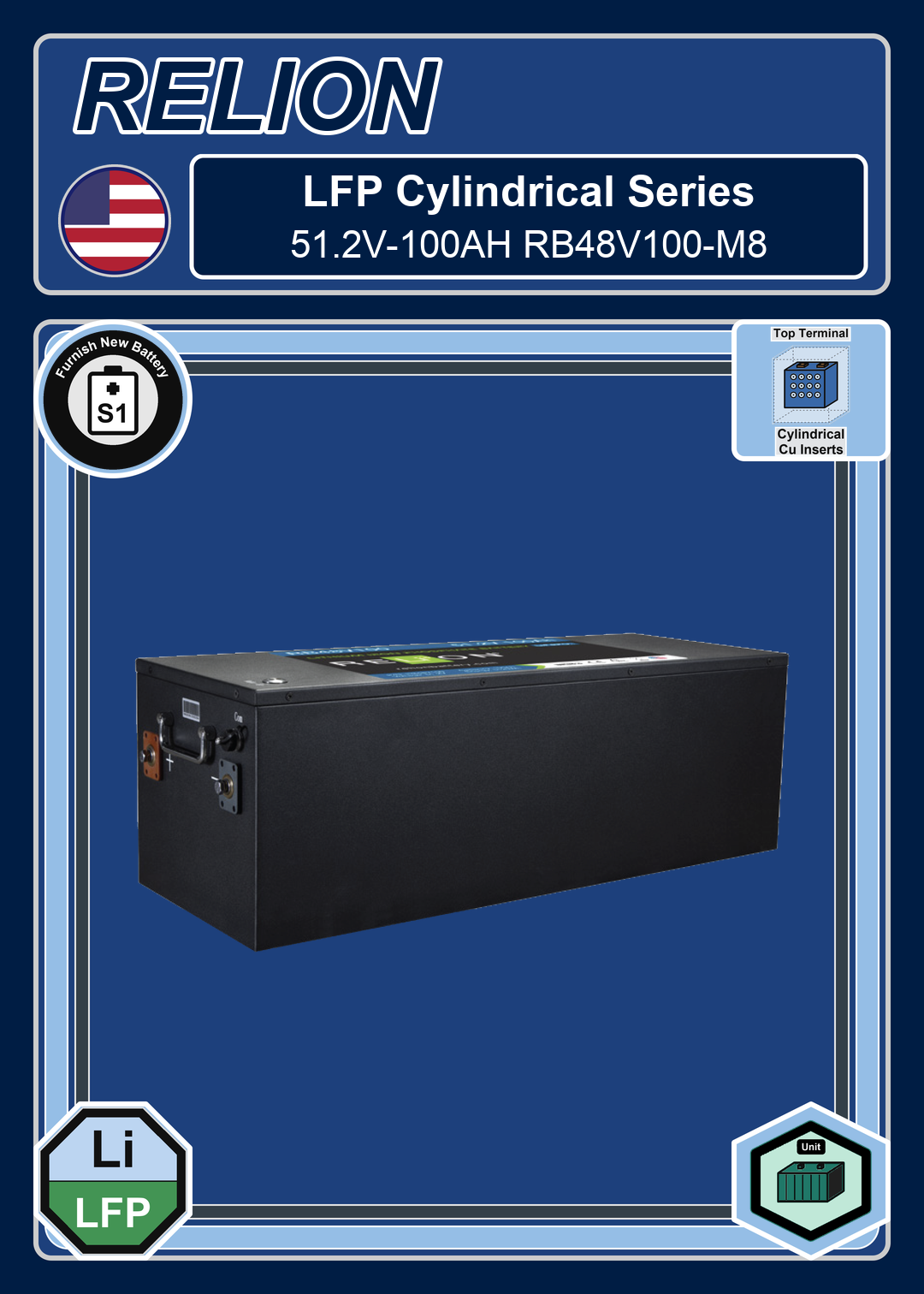 Furnish New Battery Relion LFP Cylindrical Series 51 2V 100AH RB48V100 M8
