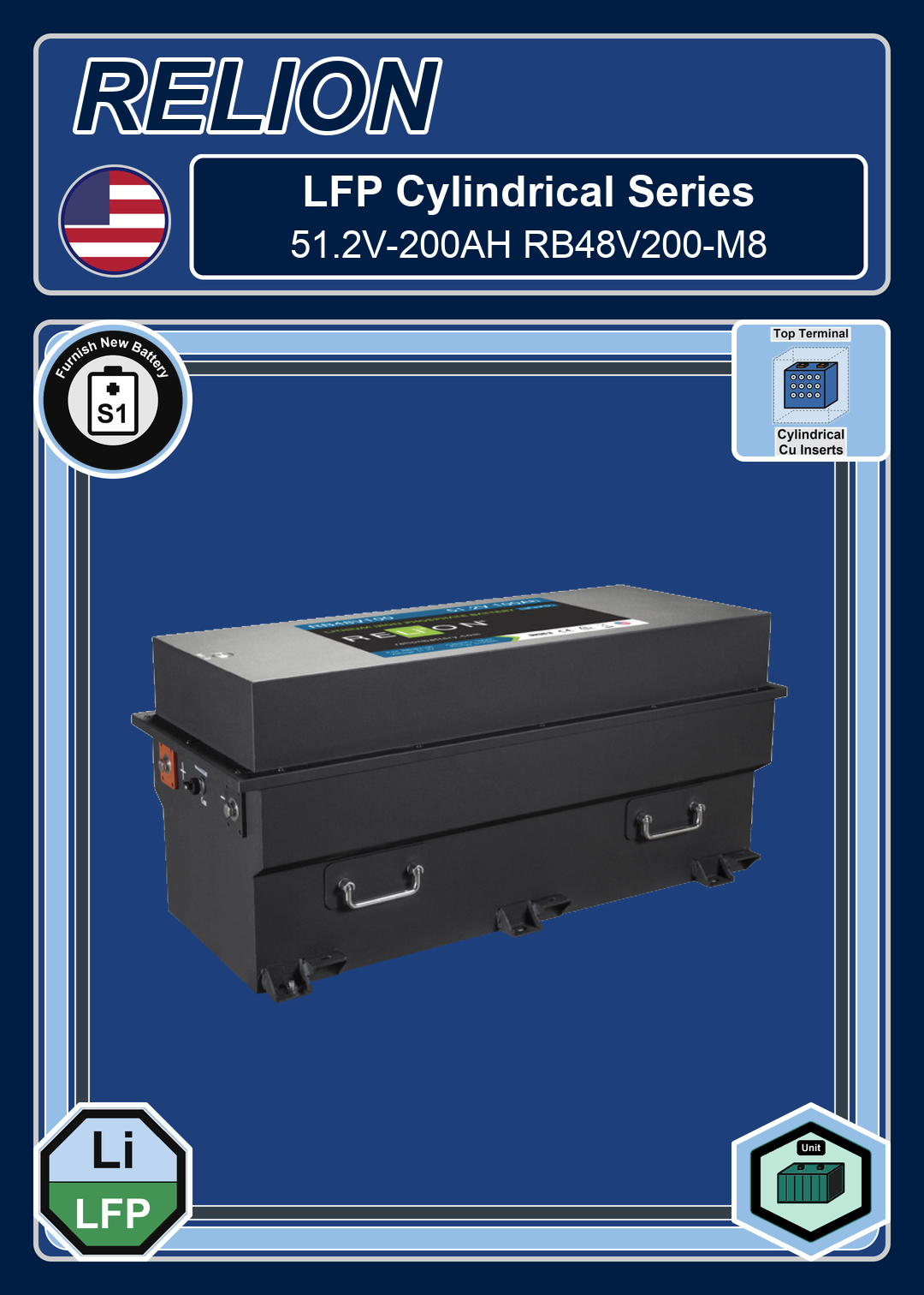 Furnish New Battery Relion LFP Cylindrical Series 51 2V 200AH RB48V200 M8