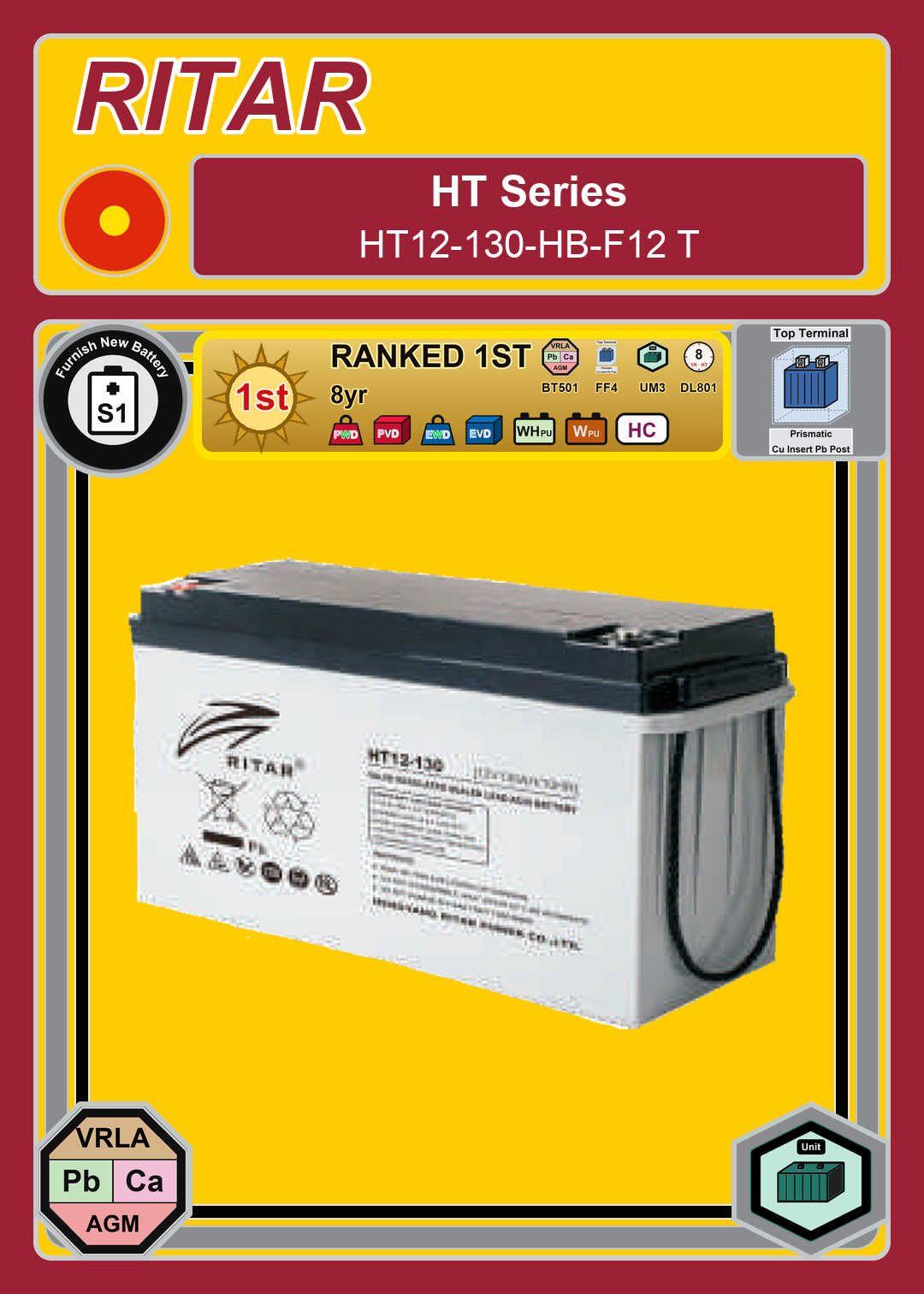 Furnish New Battery Ritar HT Series HT12 130 HB F12 T