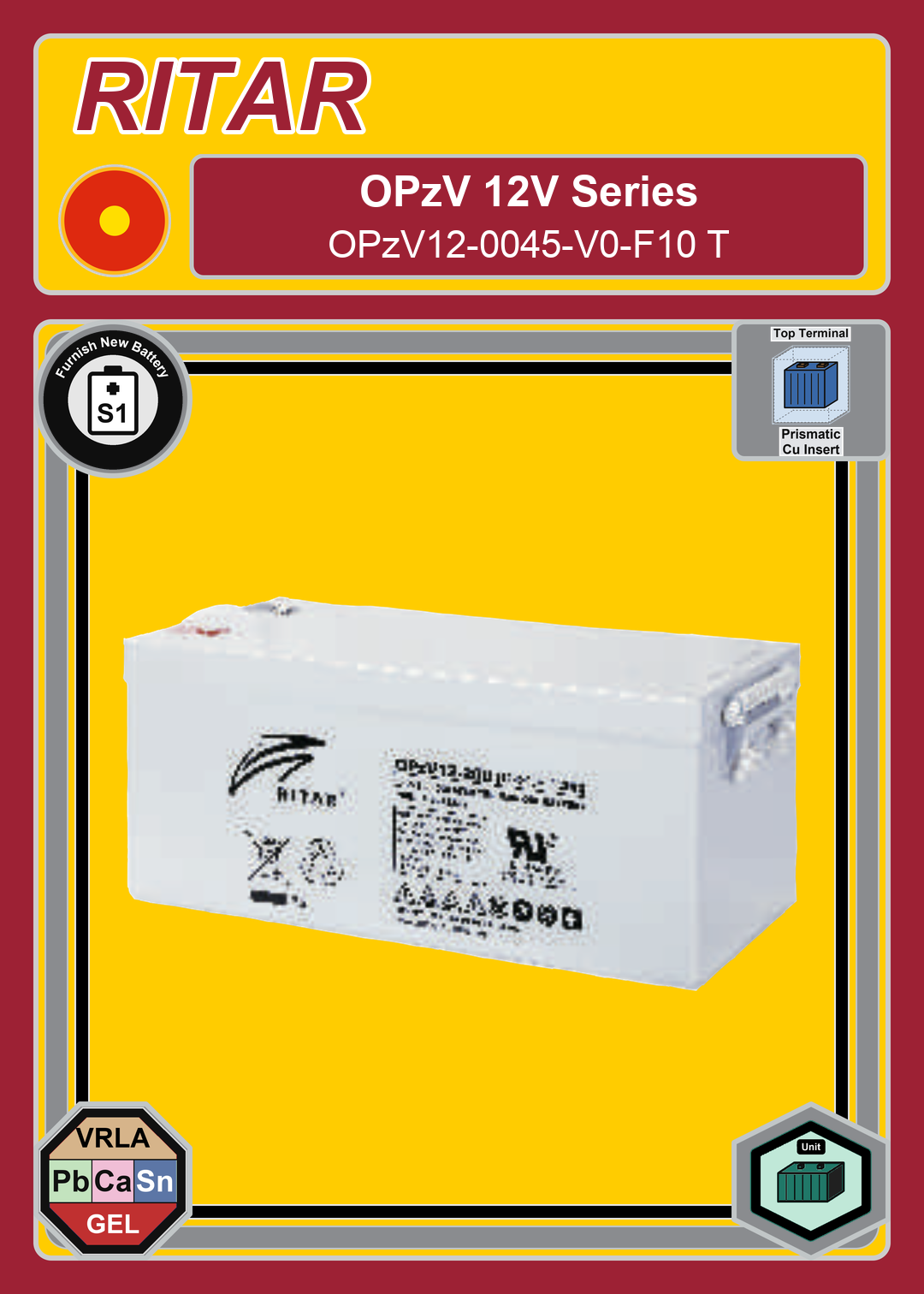 Furnish New Battery Ritar OPzV Series OPzV12 0045 V0 F10 T