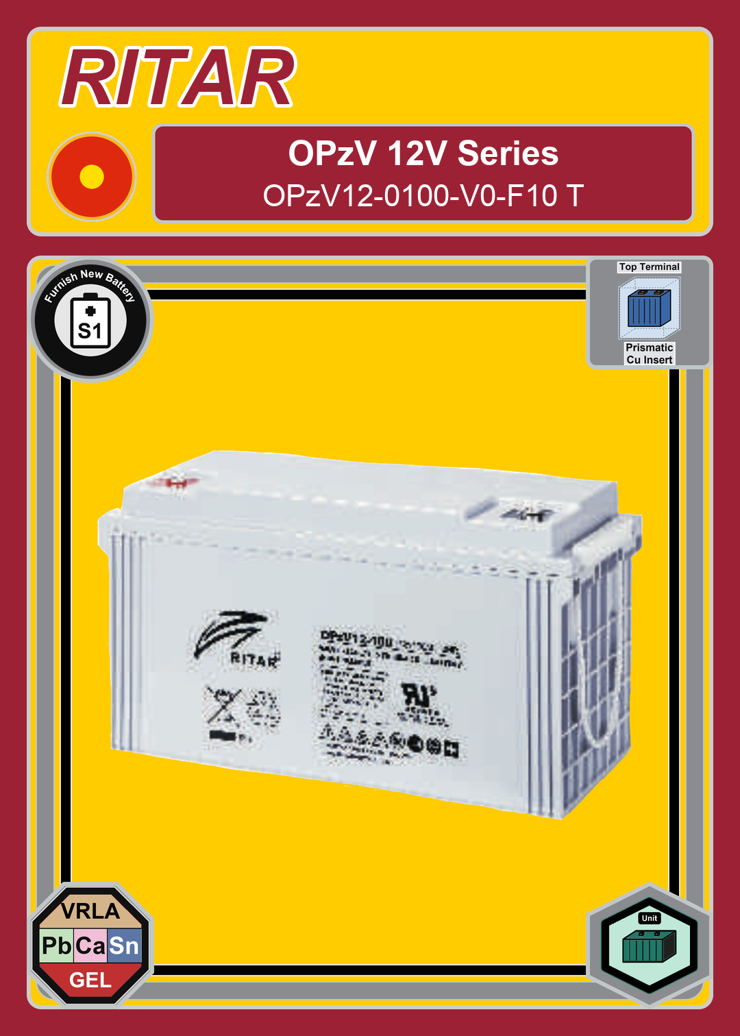 Furnish New Battery Ritar OPzV Series OPzV12 0100 V0 F10 T