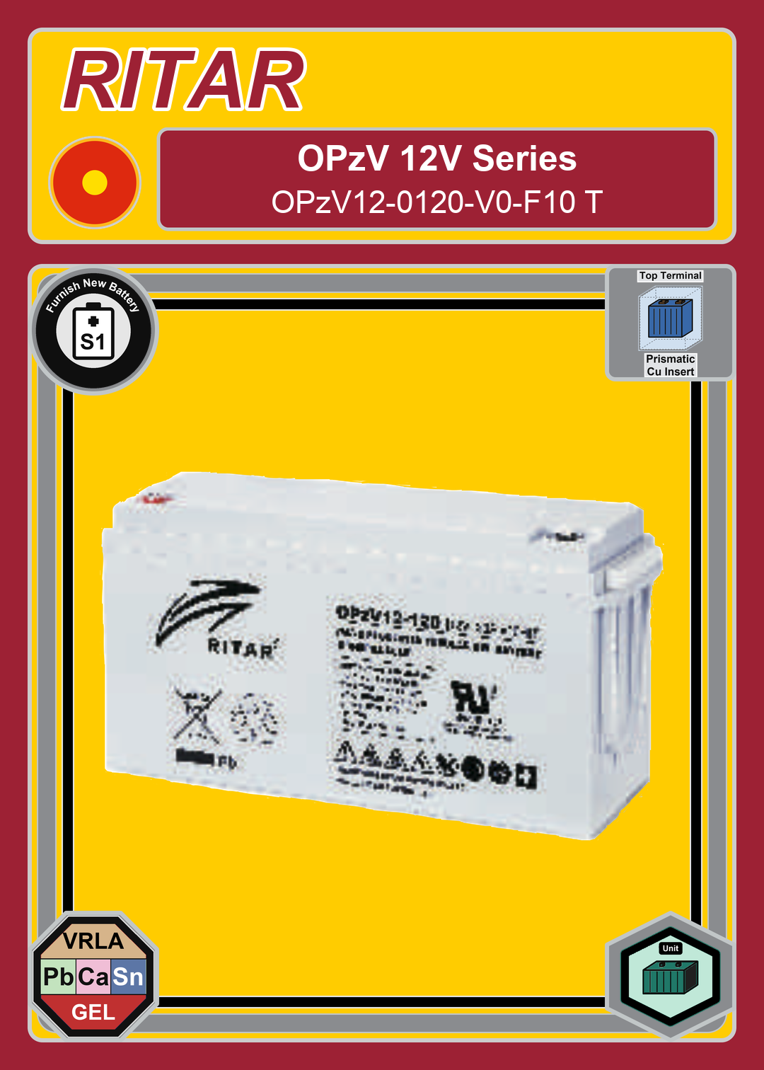 Furnish New Battery Ritar OPzV Series OPzV12 0120 V0 F10 T