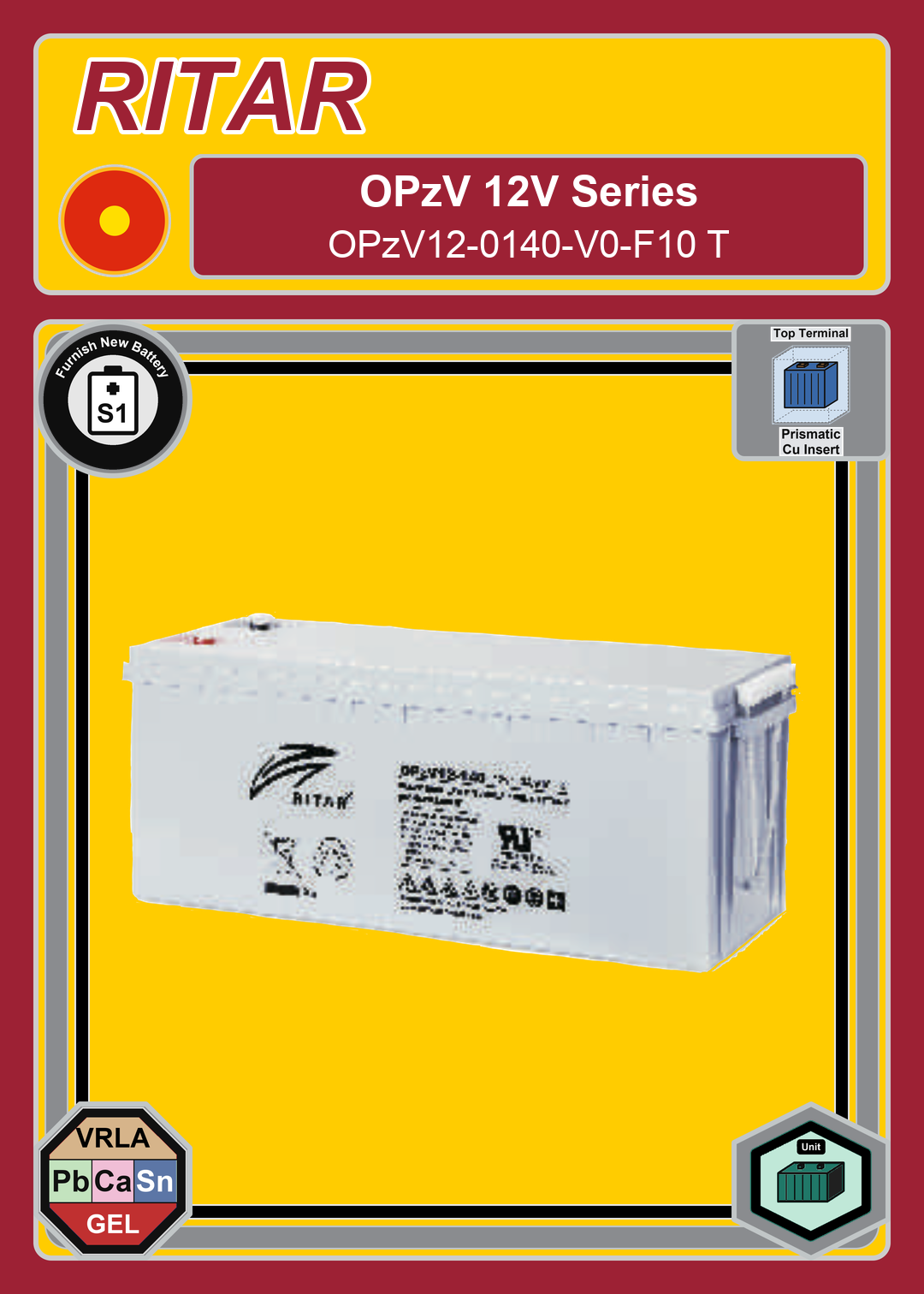 Furnish New Battery Ritar OPzV Series OPzV12 0140 V0 F10 T