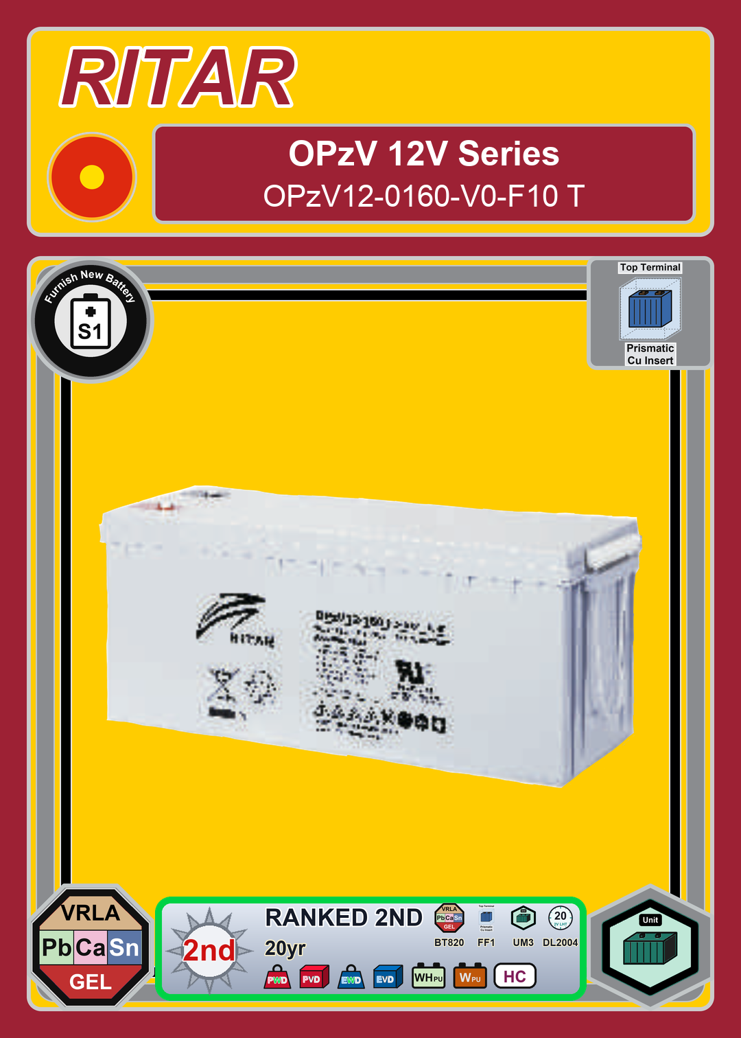 Furnish New Battery Ritar OPzV Series OPzV12 0160 V0 F10 T