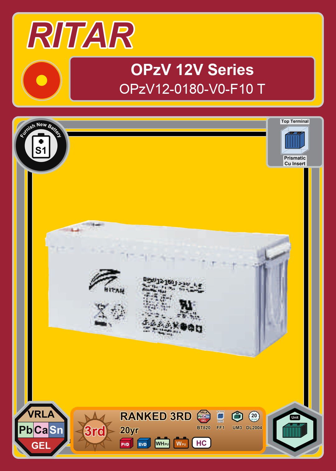 Furnish New Battery Ritar OPzV Series OPzV12 0180 V0 F10 T