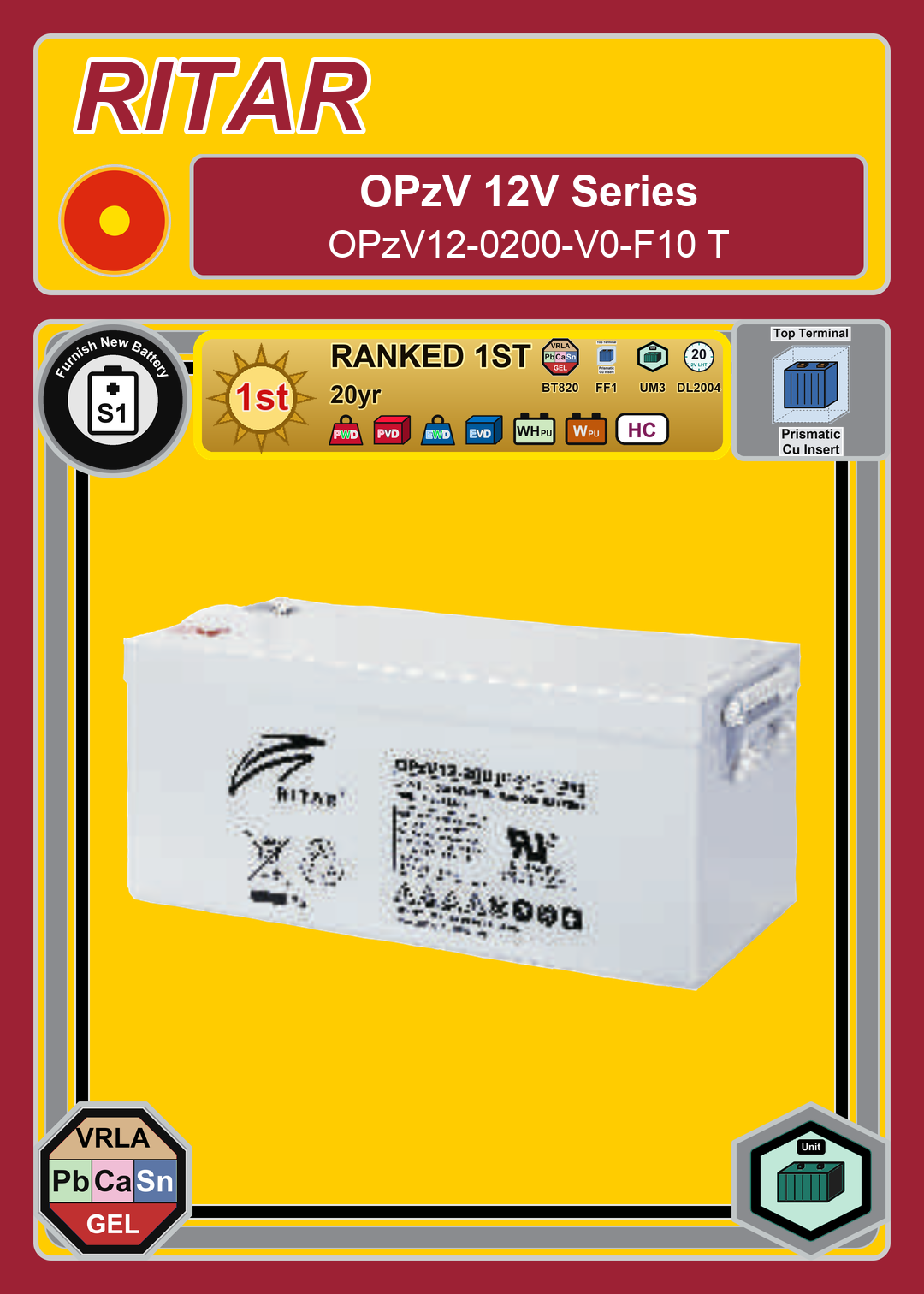 Furnish New Battery Ritar OPzV Series OPzV12 0200 V0 F10 T