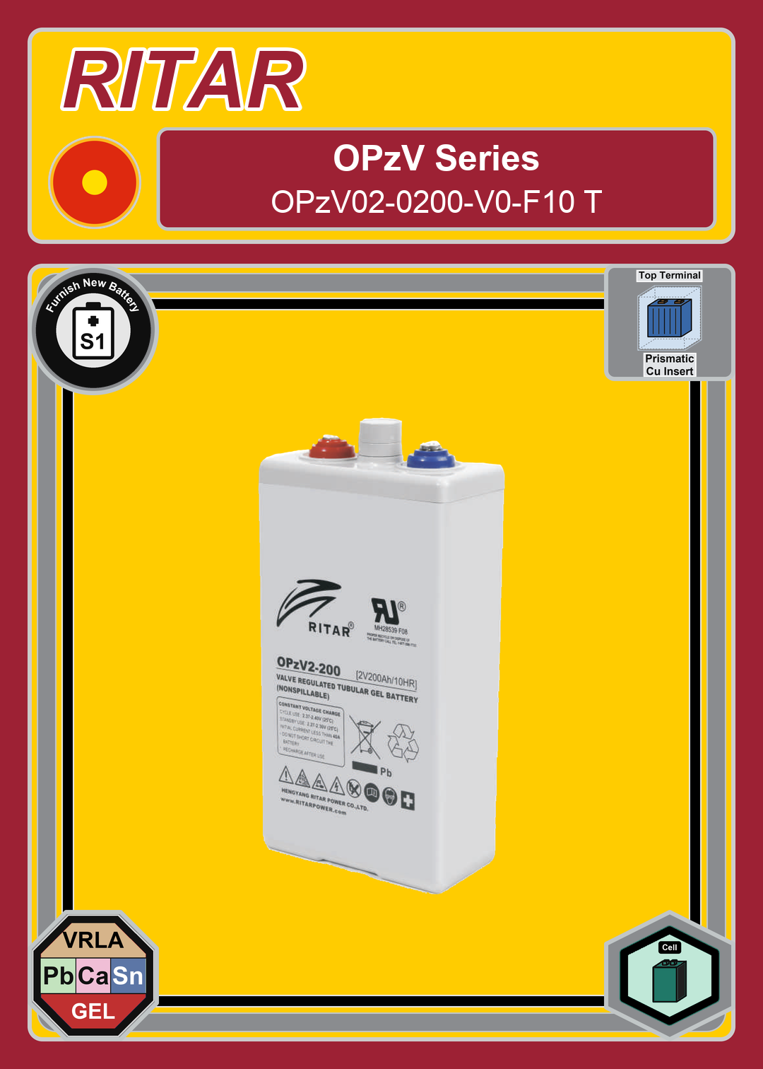 Furnish New Battery Ritar OPzV Series OPzV02 0200 V0 F10 T