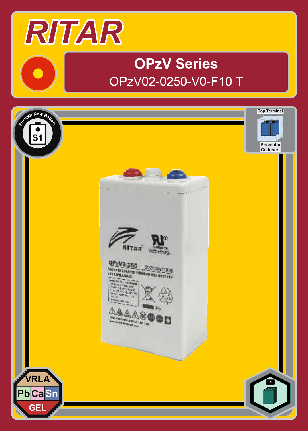 Furnish New Battery Ritar OPzV Series OPzV02 0250 V0 F10 T