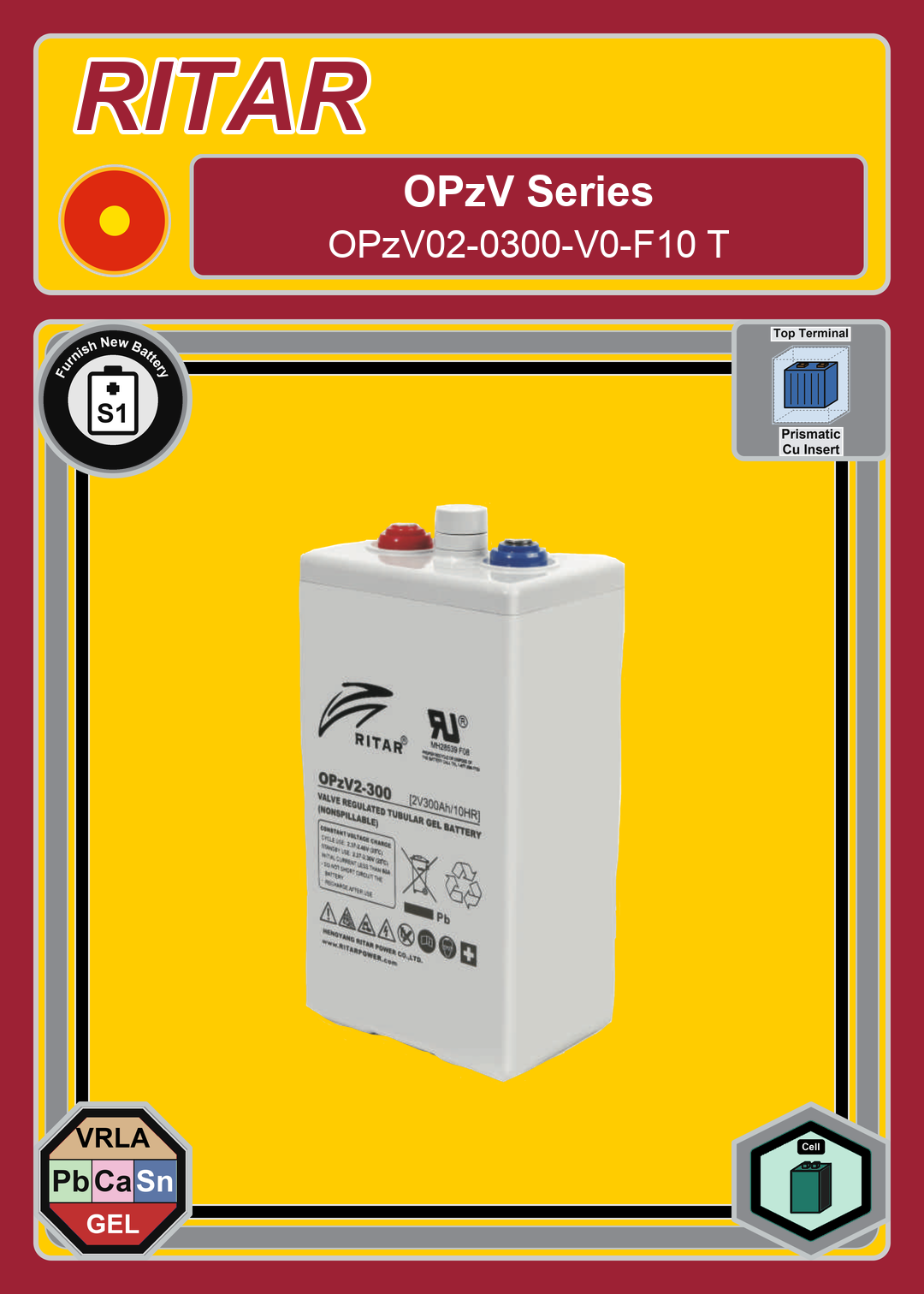 Furnish New Battery Ritar OPzV Series OPzV02 0300 V0 F10 T