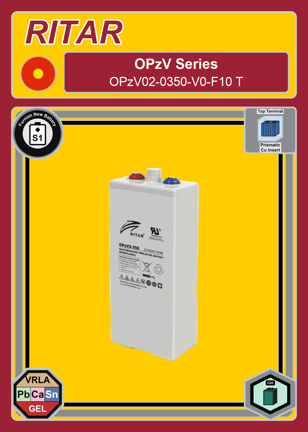 Furnish New Battery Ritar OPzV Series OPzV02 0350 V0 F10 T