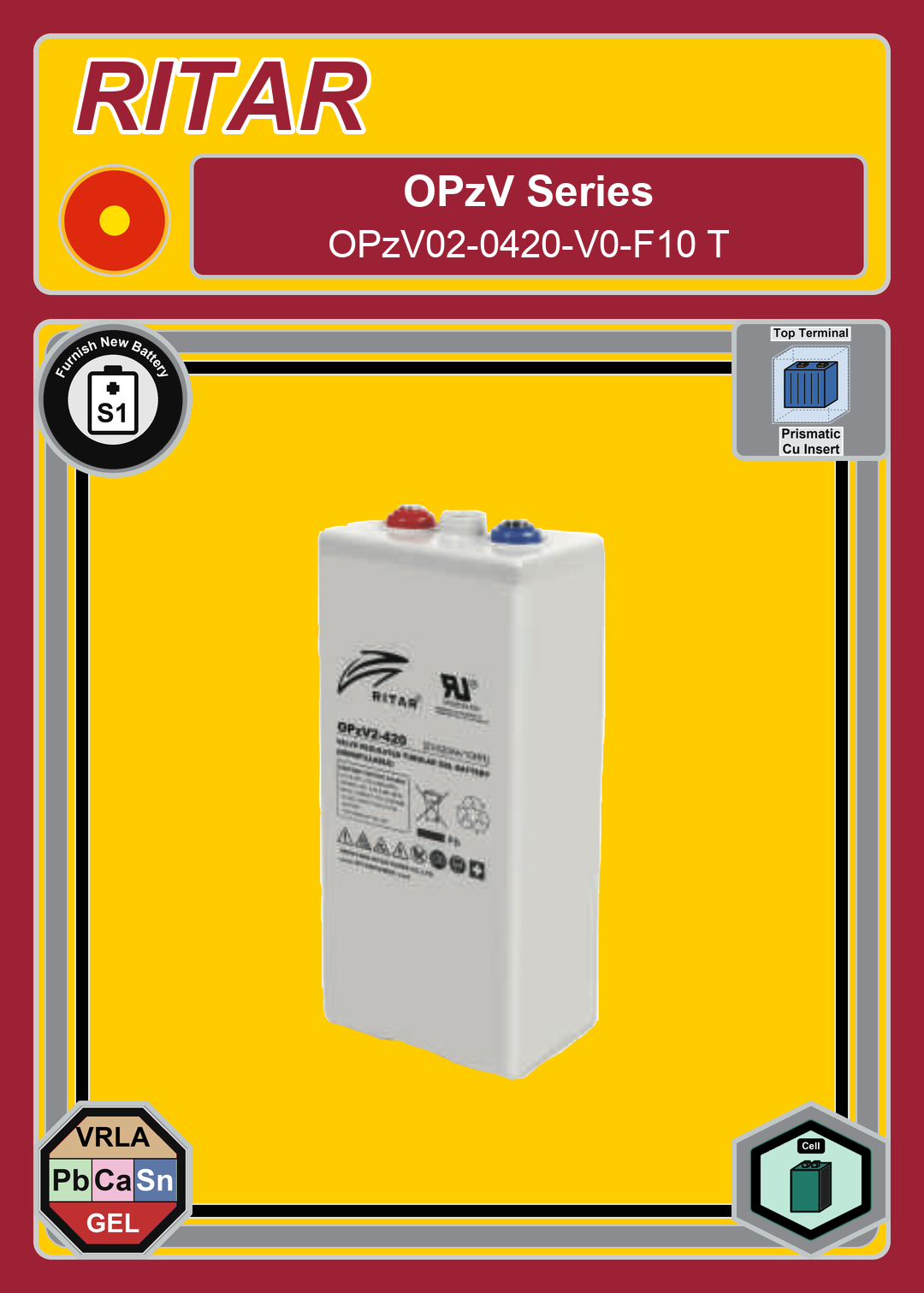 Furnish New Battery Ritar OPzV Series OPzV02 0420 V0 F10 T