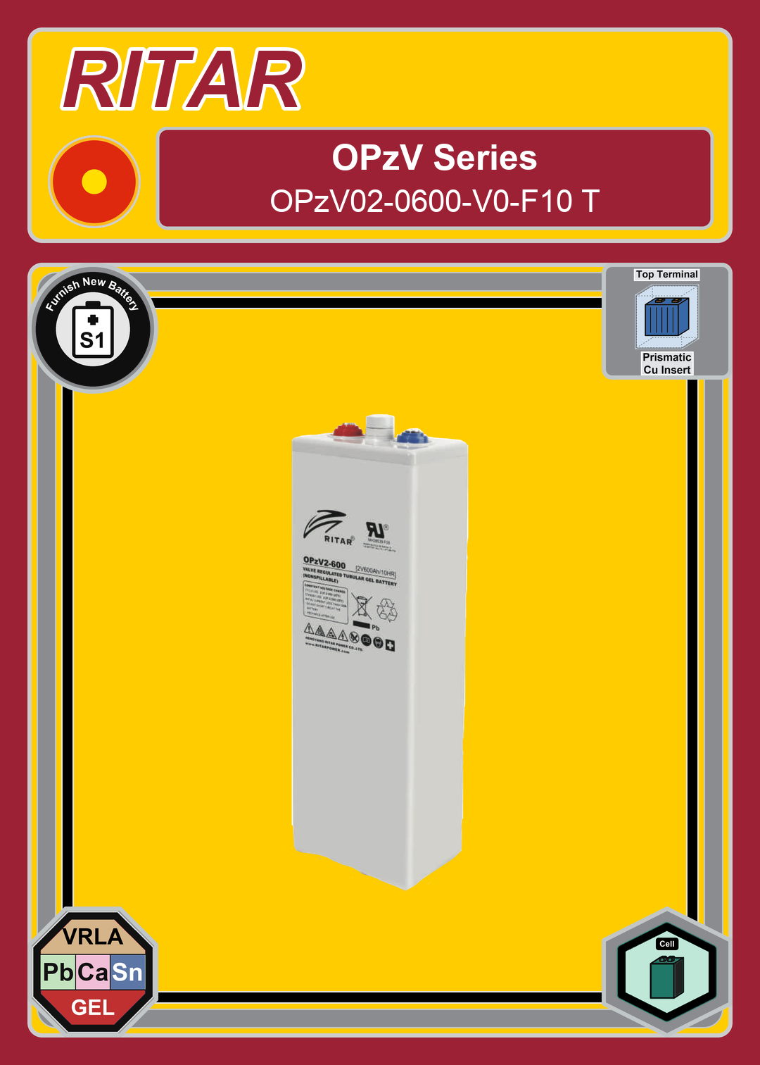Furnish New Battery Ritar OPzV Series OPzV02 0600 V0 F10 T