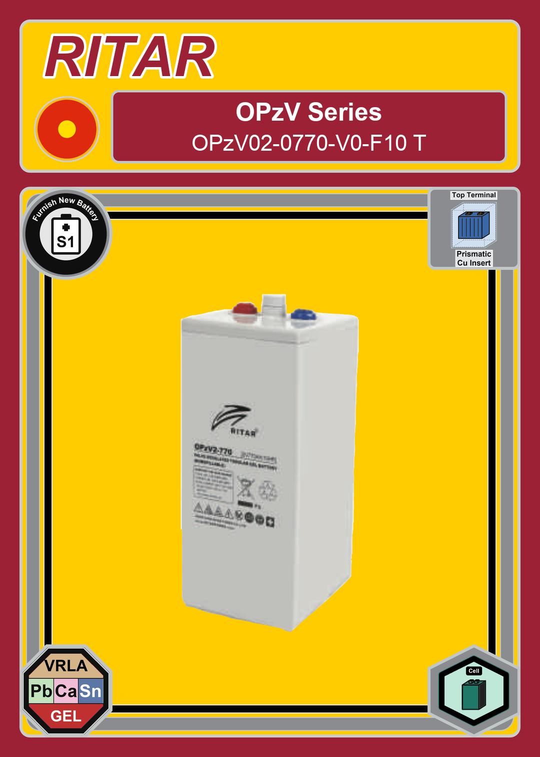 Furnish New Battery Ritar OPzV Series OPzV02 0770 V0 F10 T