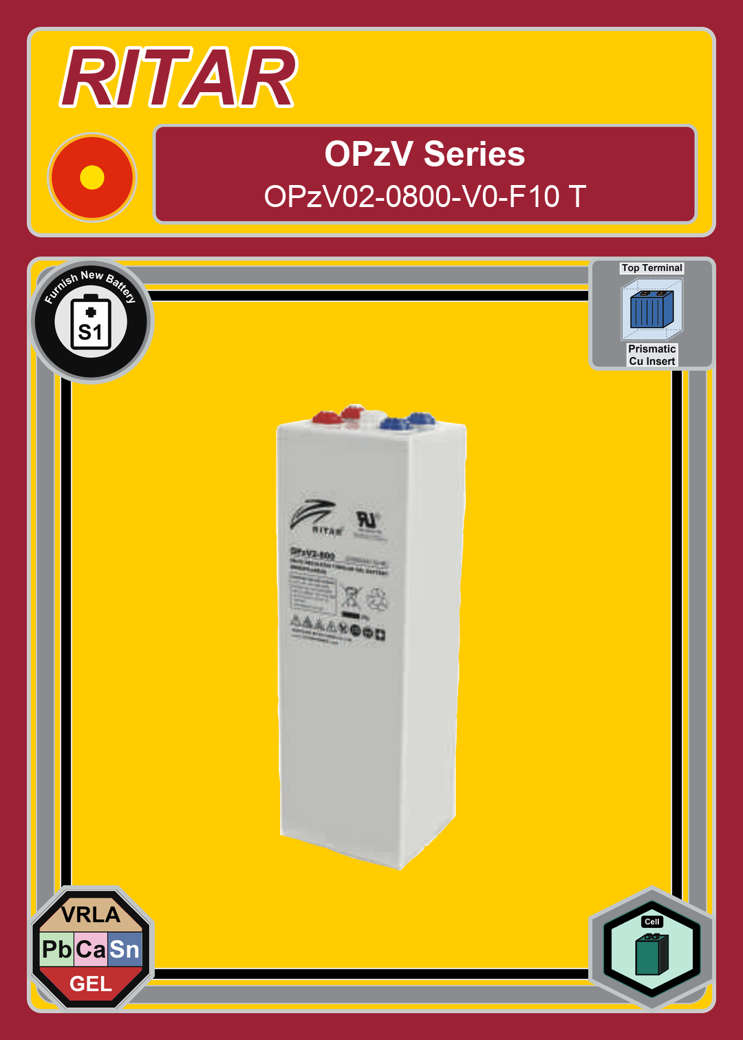 Furnish New Battery Ritar OPzV Series OPzV02 0800 V0 F10 T