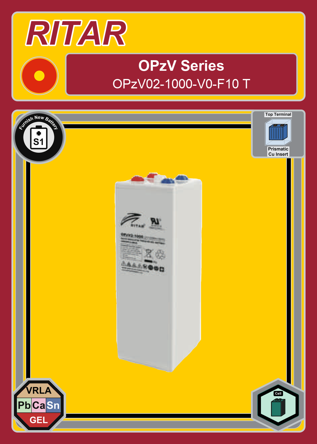 Furnish New Battery Ritar OPzV Series OPzV02 1000 V0 F10 T