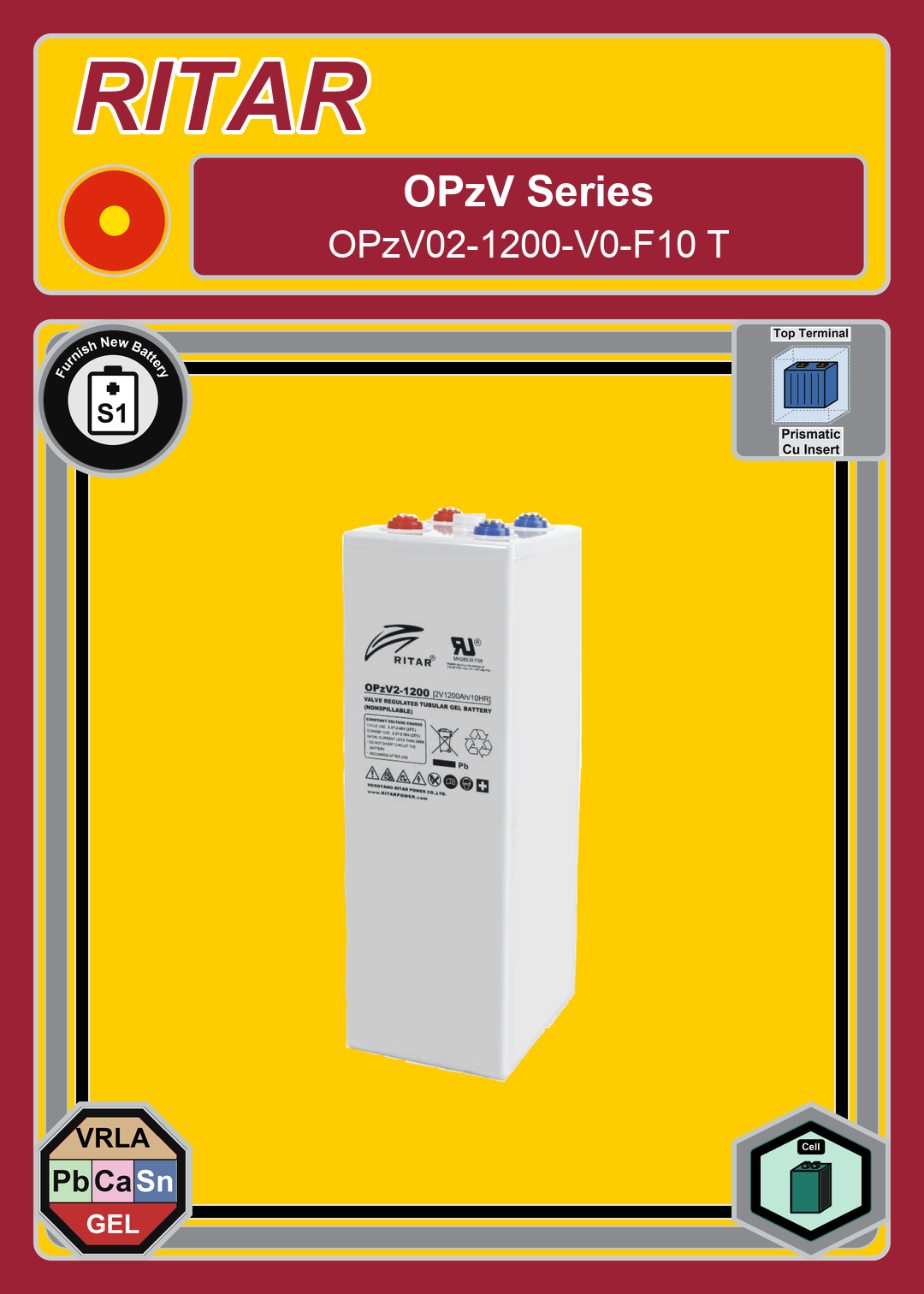 Furnish New Battery Ritar OPzV Series OPzV02 1200 V0 F10 T