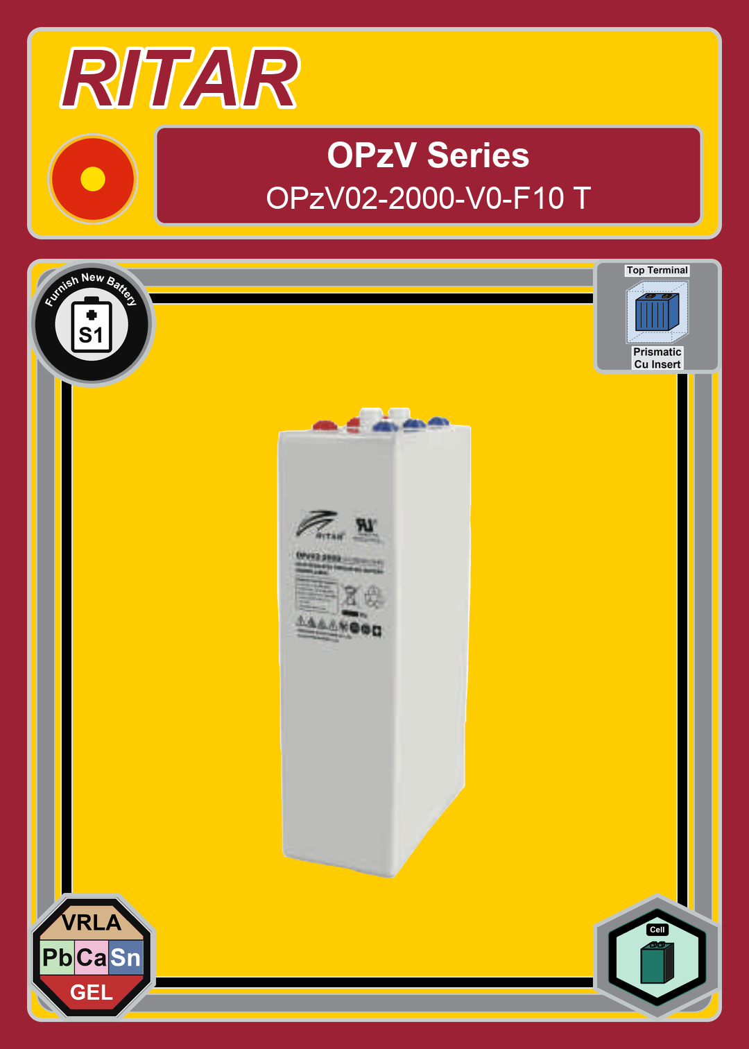 Furnish New Battery Ritar OPzV Series OPzV02 2000 V0 F10 T