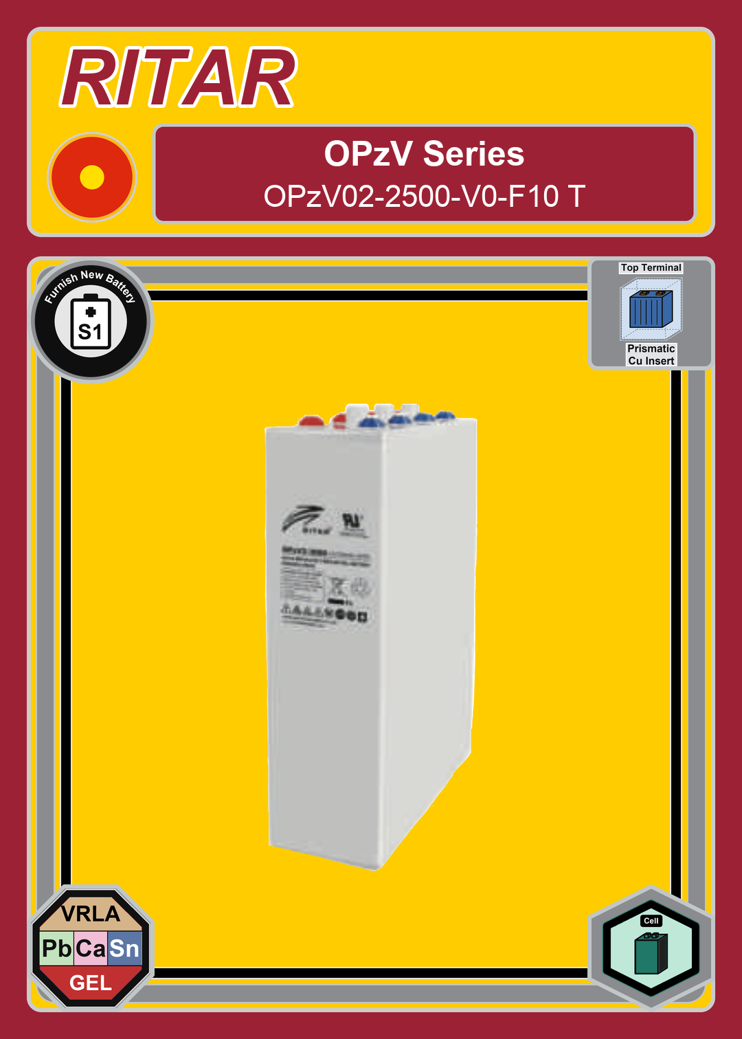 Furnish New Battery Ritar OPzV Series OPzV02 2500 V0 F10 T