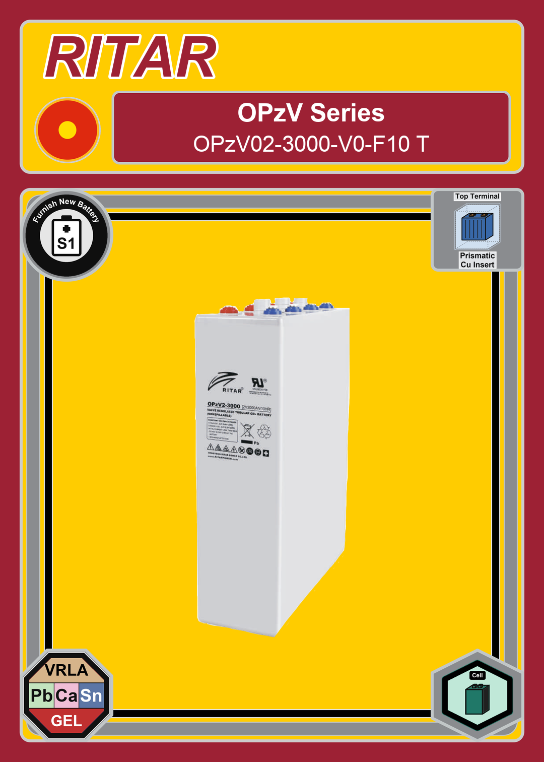 Furnish New Battery Ritar OPzV Series OPzV02 3000 V0 F10 T