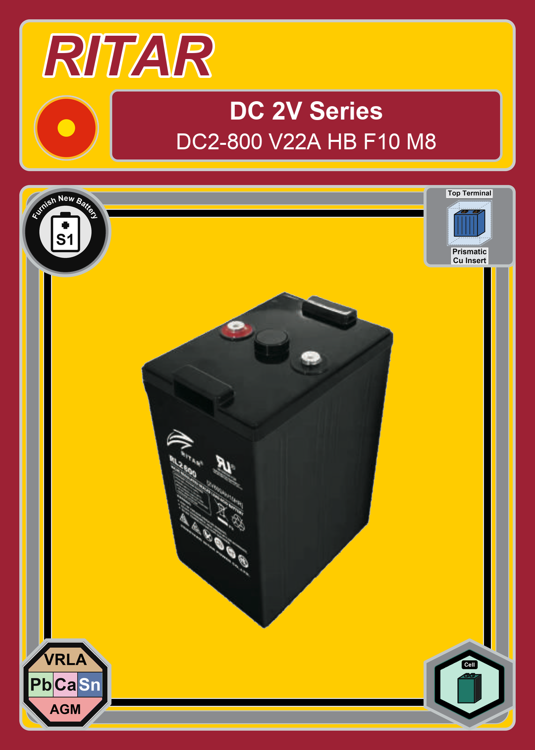 Furnish New Battery Ritar DC Series DC2 800 V22A HB F10 M8