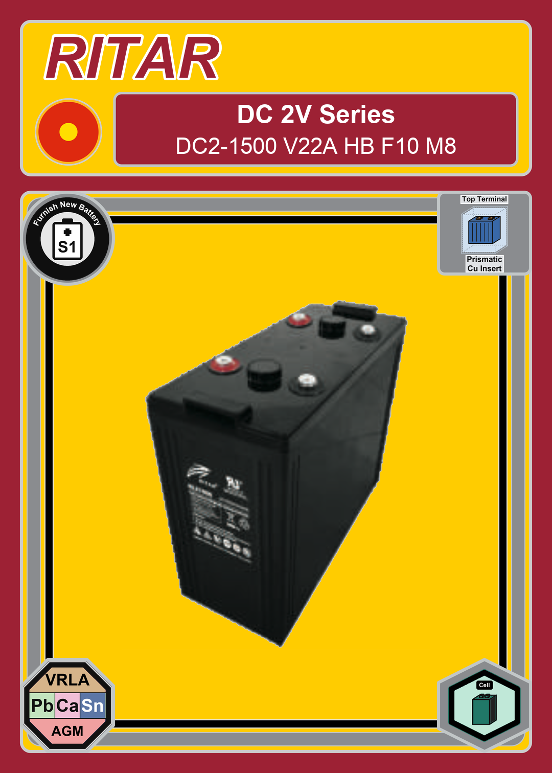 Furnish New Battery Ritar DC Series DC2 1500 V22A HB F10 M8