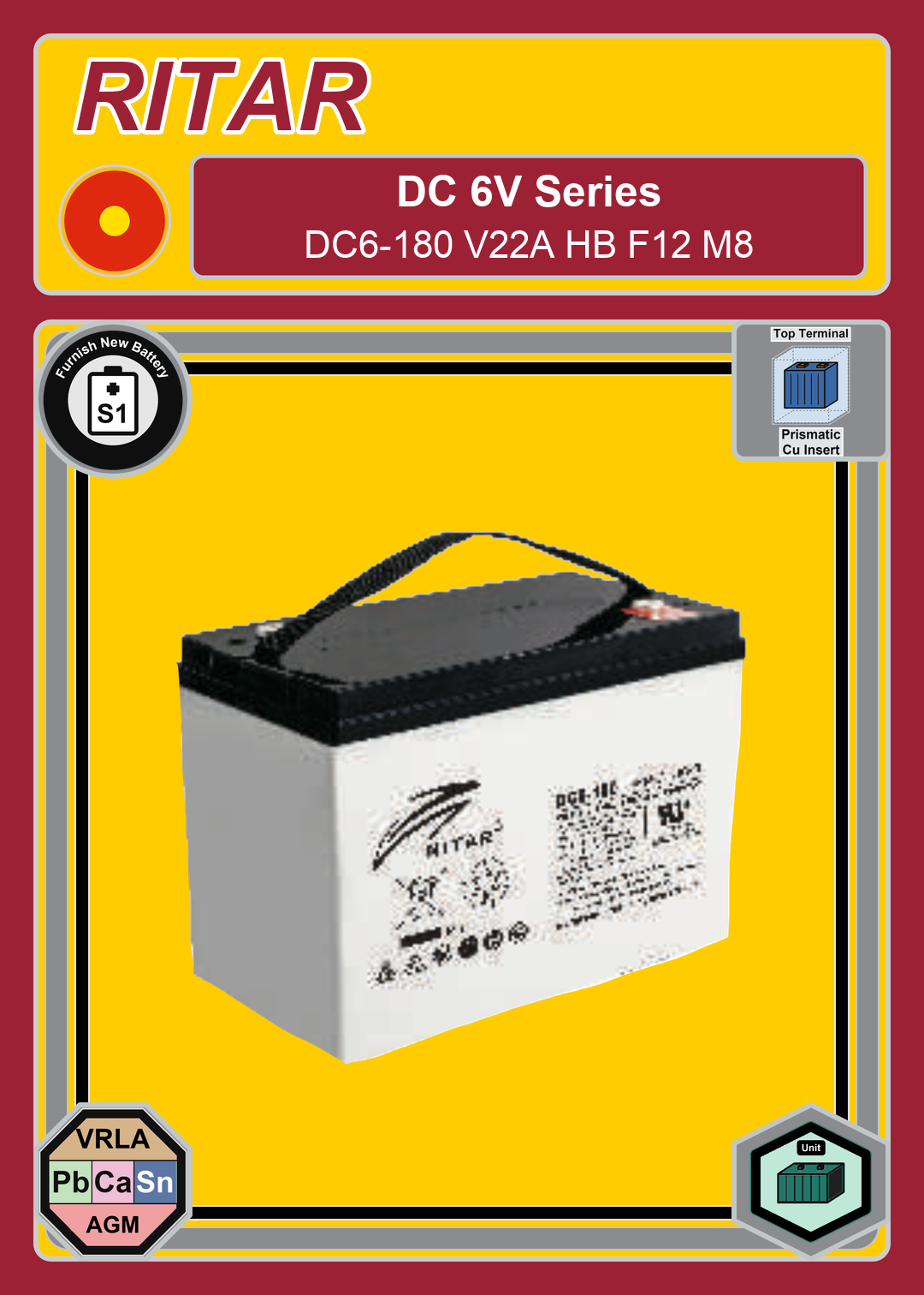 Furnish New Battery Ritar DC Series DC6 180 V22A HB F12 M8