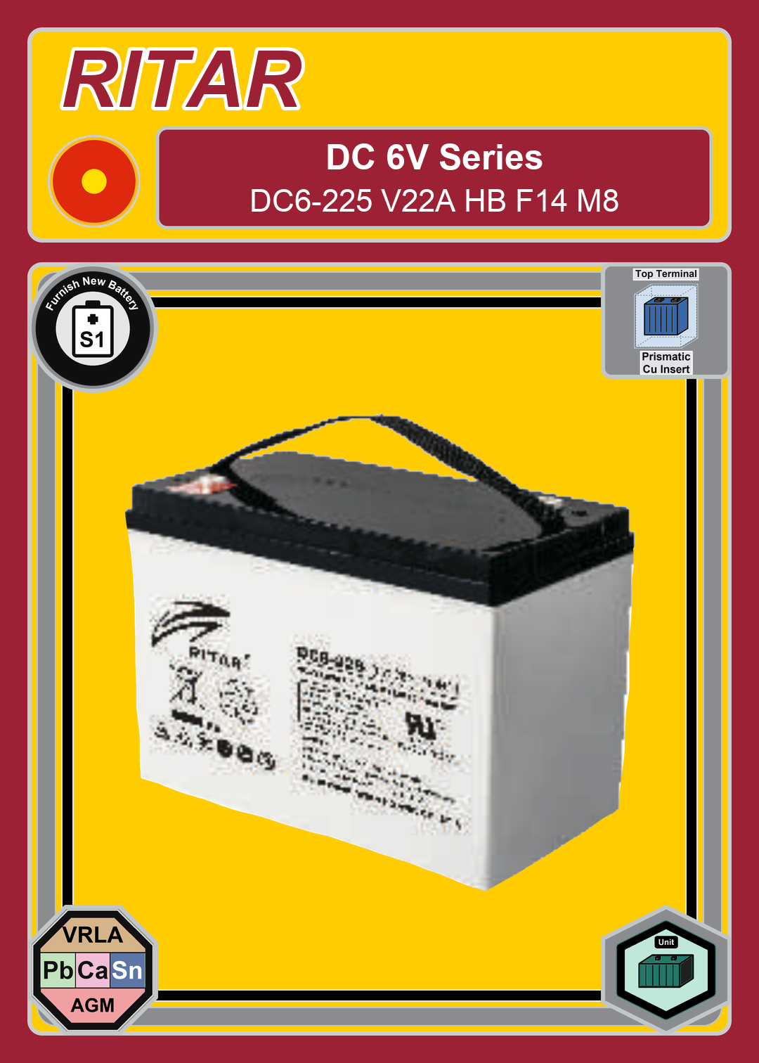 Furnish New Battery Ritar DC Series DC6 225 V22A HB F14 M8