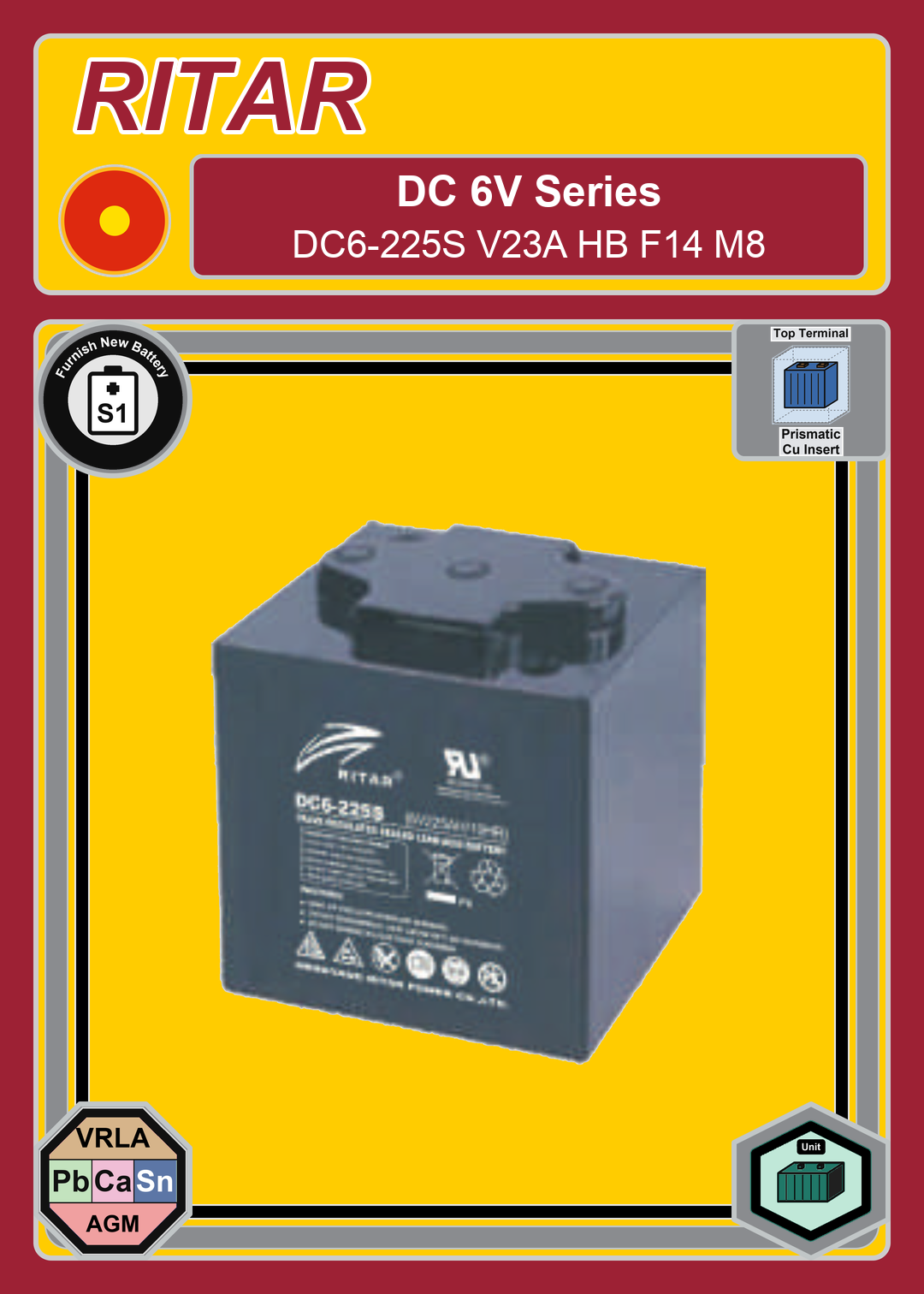 Furnish New Battery Ritar DC Series DC6 225S V23A HB F14 M8