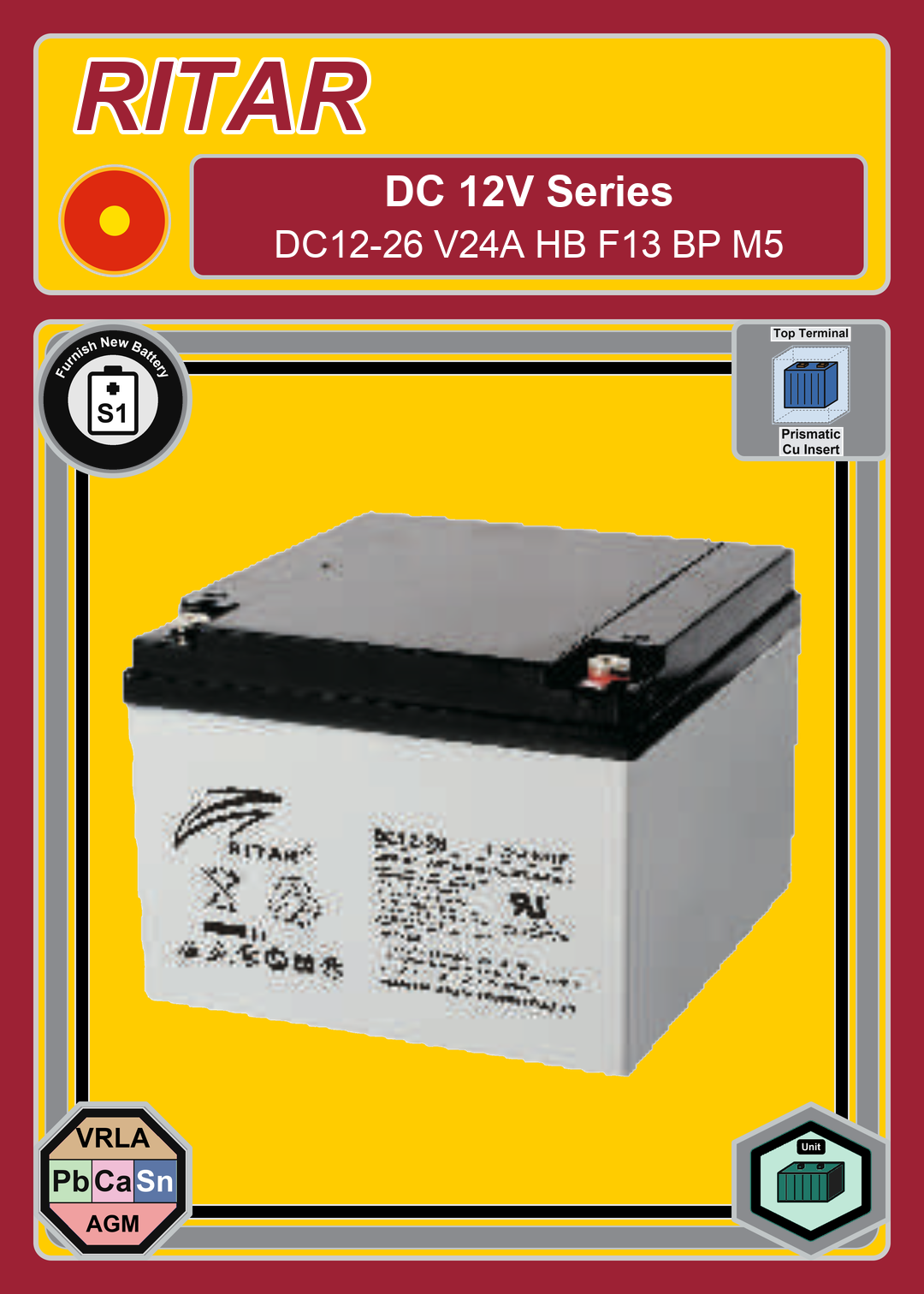 Furnish New Battery Ritar DC Series DC12 26 V24A HB F13 BP M5