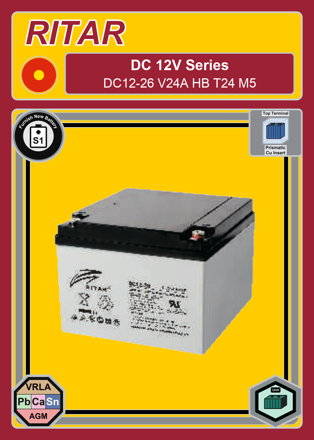 Furnish New Battery Ritar DC Series DC12 26 V24A HB T24 M5