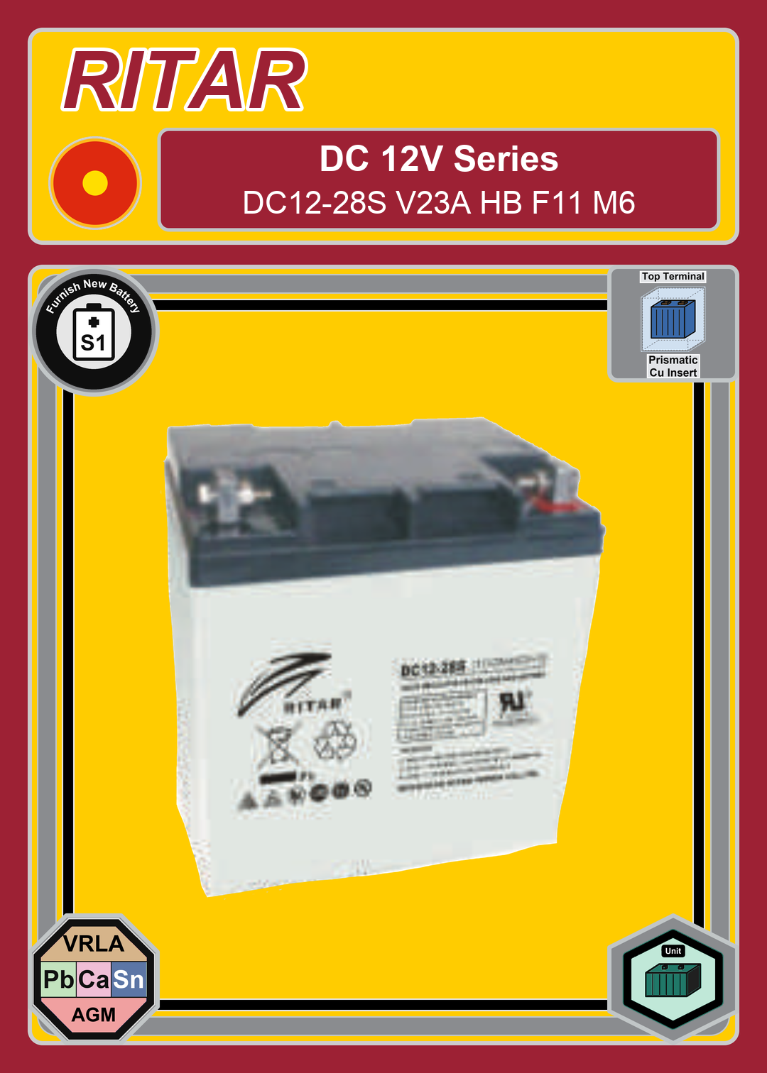 Furnish New Battery Ritar DC Series DC12 28S V23A HB F11 M6