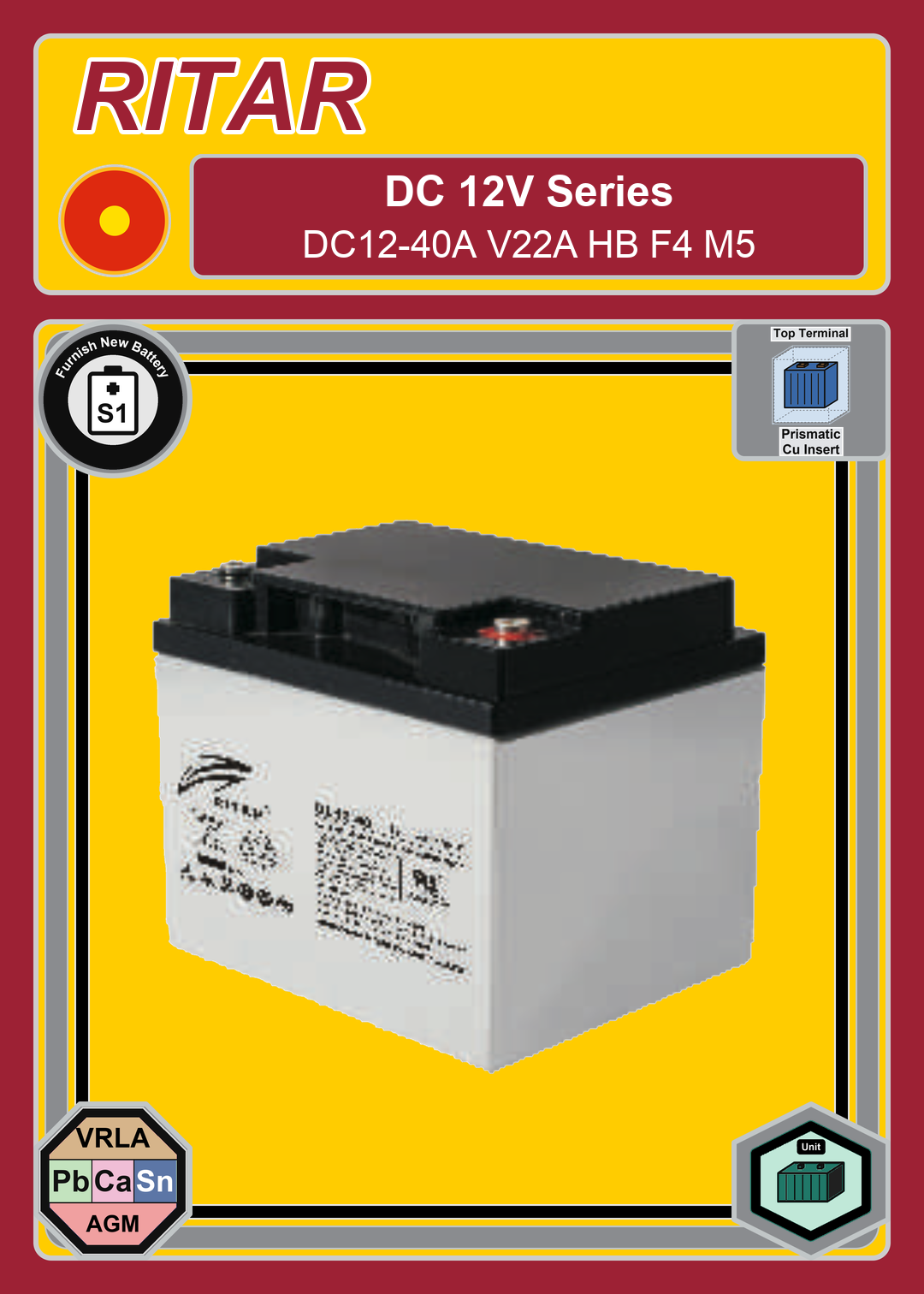 Furnish New Battery Ritar DC Series DC12 40A V22A HB F4 M5