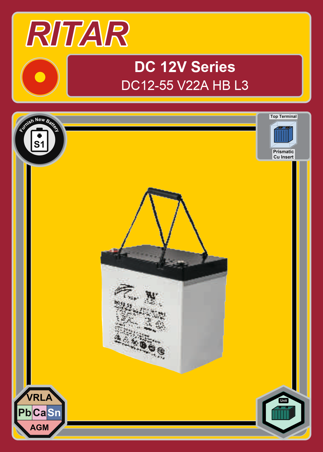 Furnish New Battery Ritar DC Series DC12 55 V22A HB L3