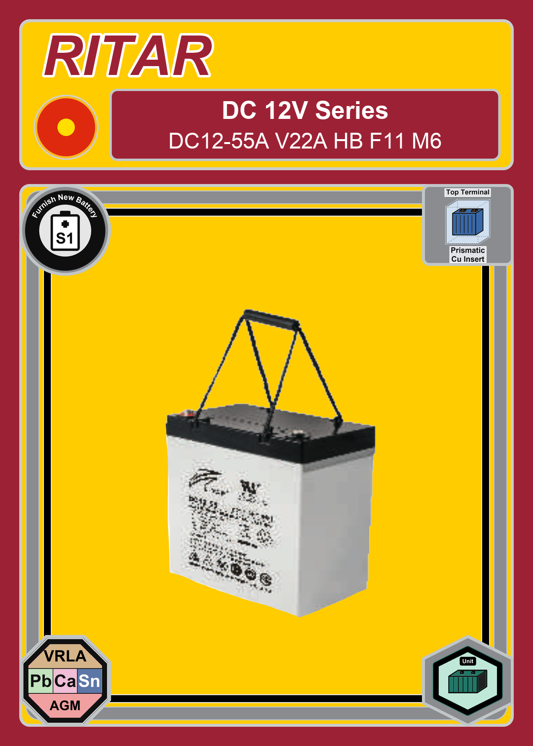 Furnish New Battery Ritar DC Series DC12 55A V22A HB F11 M6