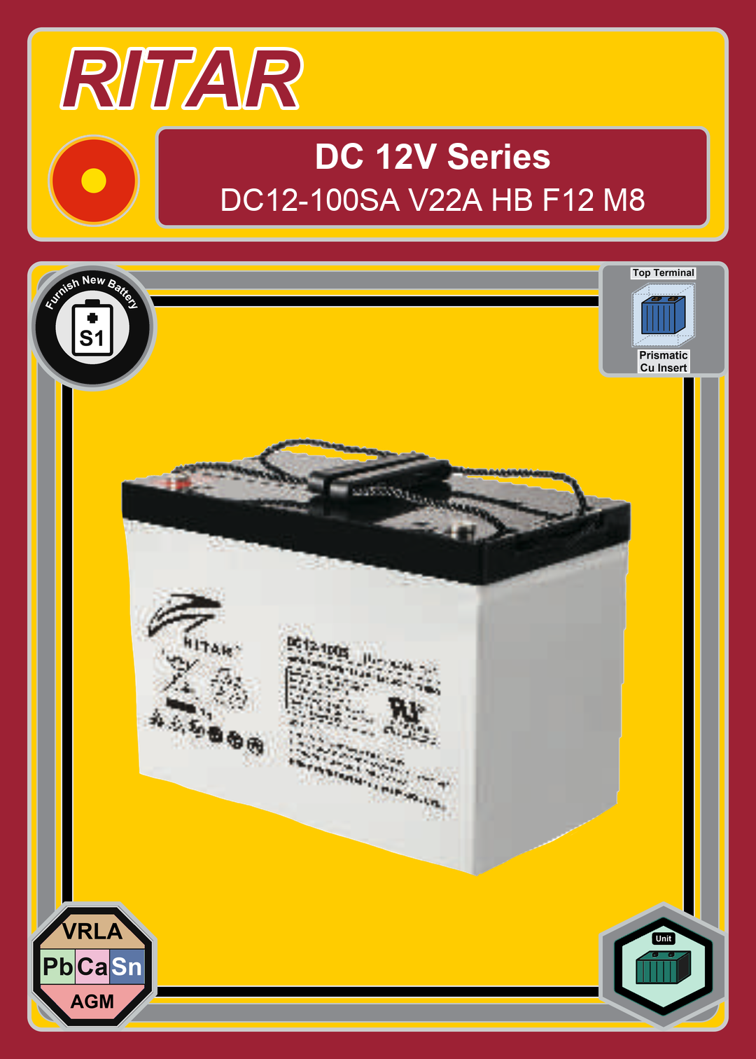Furnish New Battery Ritar DC Series DC12 100SA V22A HB F12 M8