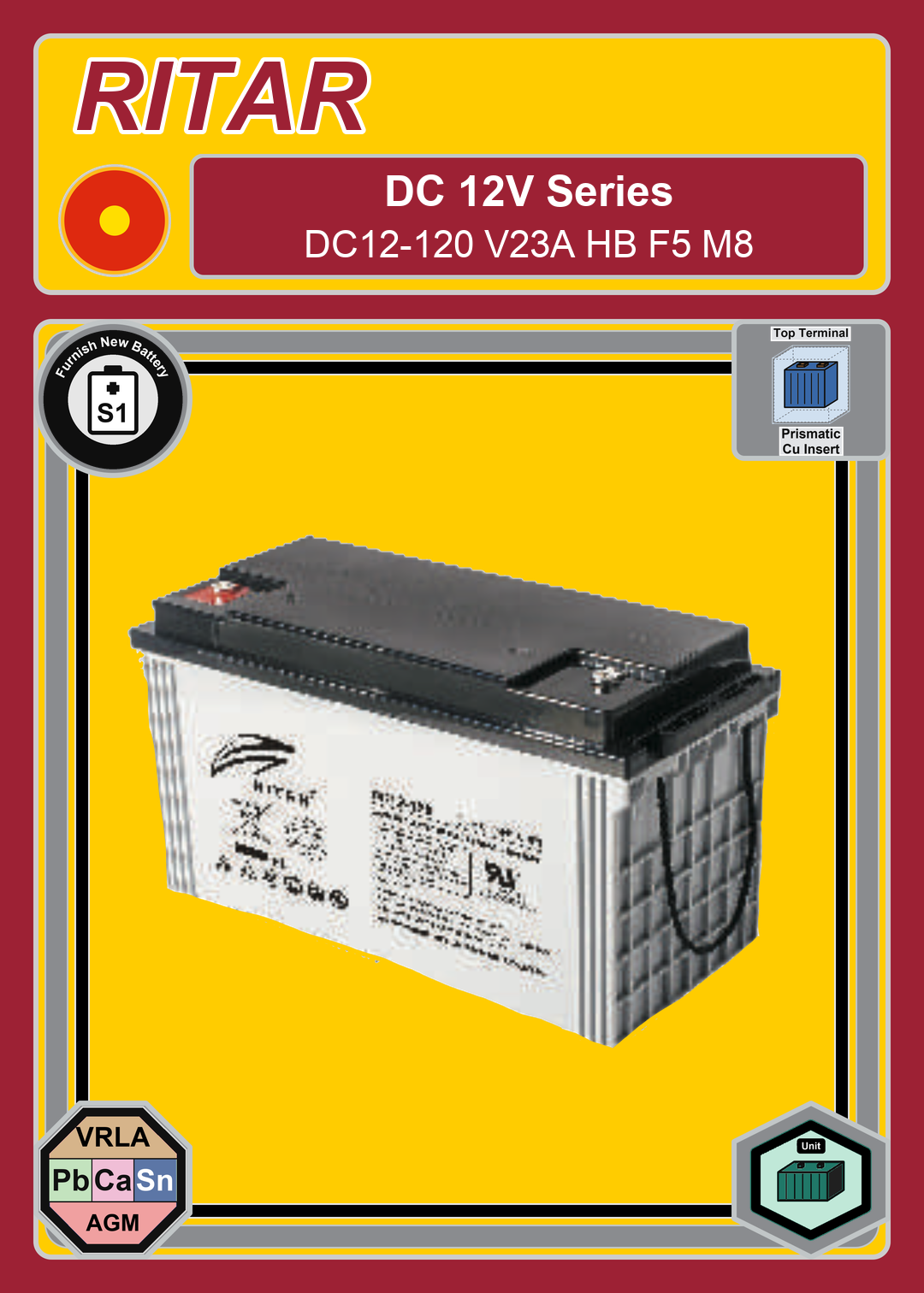 Furnish New Battery Ritar DC Series DC12 120 V23A HB F5 M8